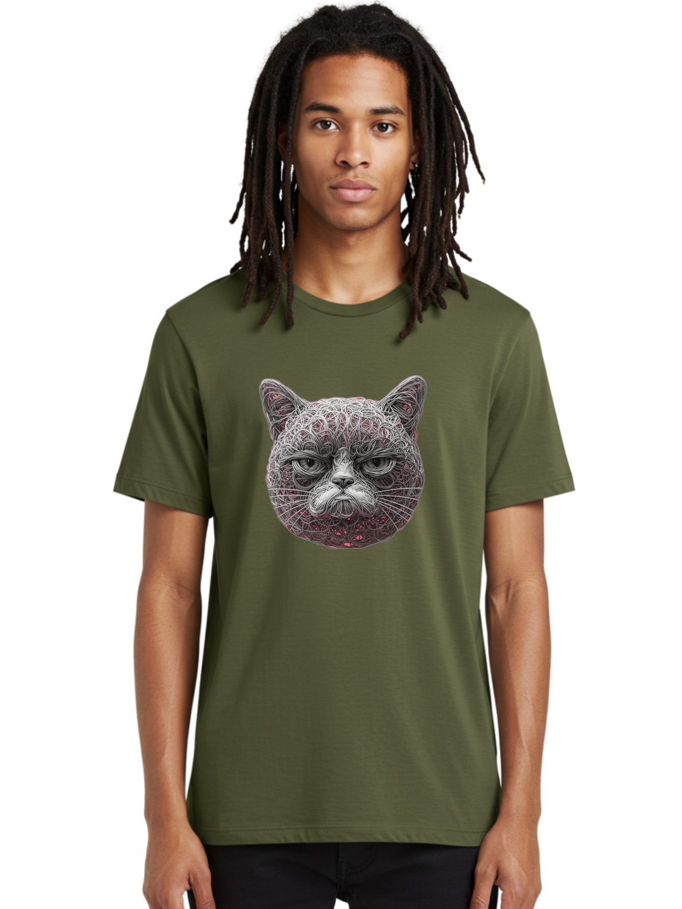 Cat-Face Men'S Graphic Tee, 100% Cotton, Comfortable Casual Summer Wear, Machine Washable, Detailed Cat Face, Intricate Line Art, Whimsical Feline Design, Bold Illustration, Expressive Cat Features, Abstract Cat Portrait, Swirling Patterns, Baa277 30