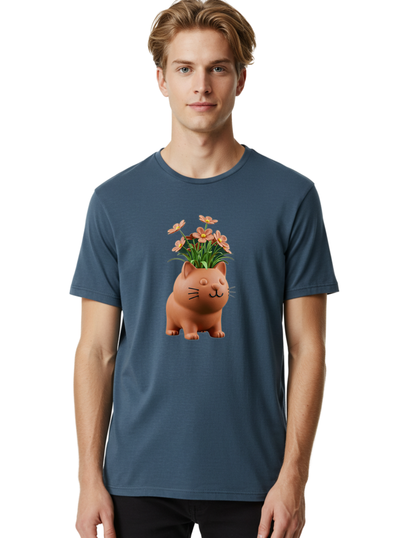 Cat-Planter Men'S Graphic Tee, 100% Cotton, Comfortable Casual Summer Wear, Machine Washable, Cat Planter, Flower Pot, Pink Flowers, Cute Cat Design, Home Decor, Garden Decor, Whimsical Planter, Adorable Cat Baa278 6