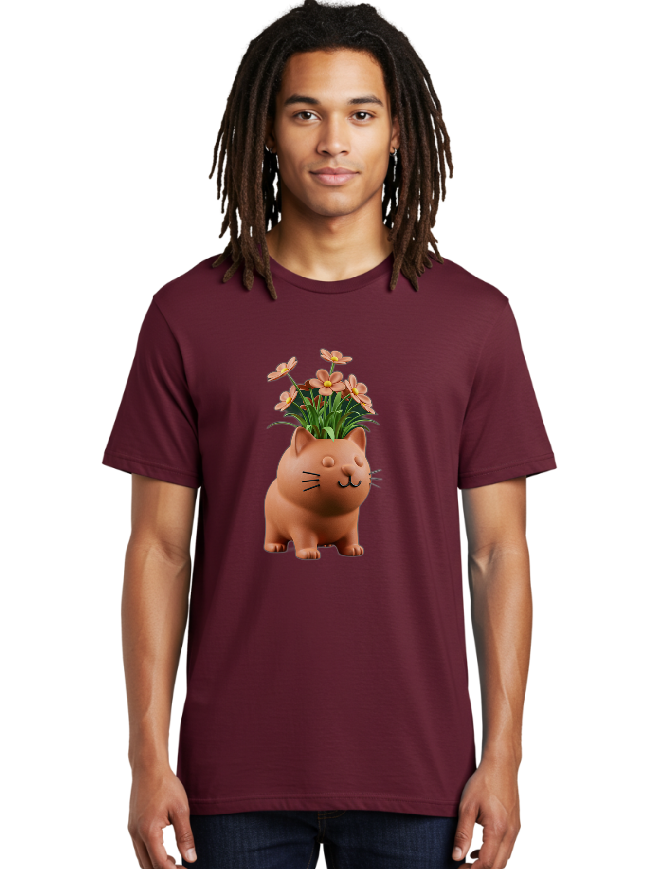 Cat-Planter Men'S Graphic Tee, 100% Cotton, Comfortable Casual Summer Wear, Machine Washable, Cat Planter, Flower Pot, Pink Flowers, Cute Cat Design, Home Decor, Garden Decor, Whimsical Planter, Adorable Cat Baa278 12
