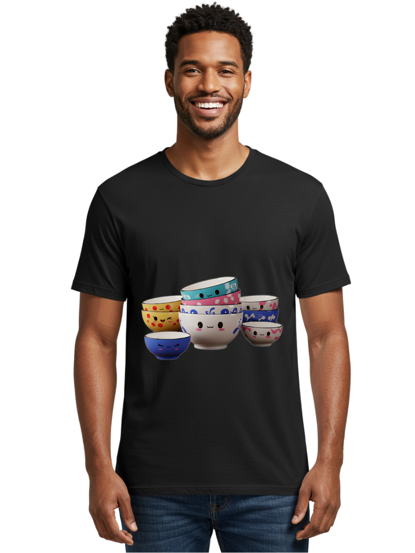 Cereal-Bowls Men'S Graphic Tee, 100% Cotton, Comfortable Casual Summer Wear, Machine Washable, Stacked Ceramic Bowls, Colorful Designs, Fun Patterns, Emotive Faces, Playful Tableware, Kawaii Style, Adorable Kitchenware, Vibrant Colors, Baa281 28