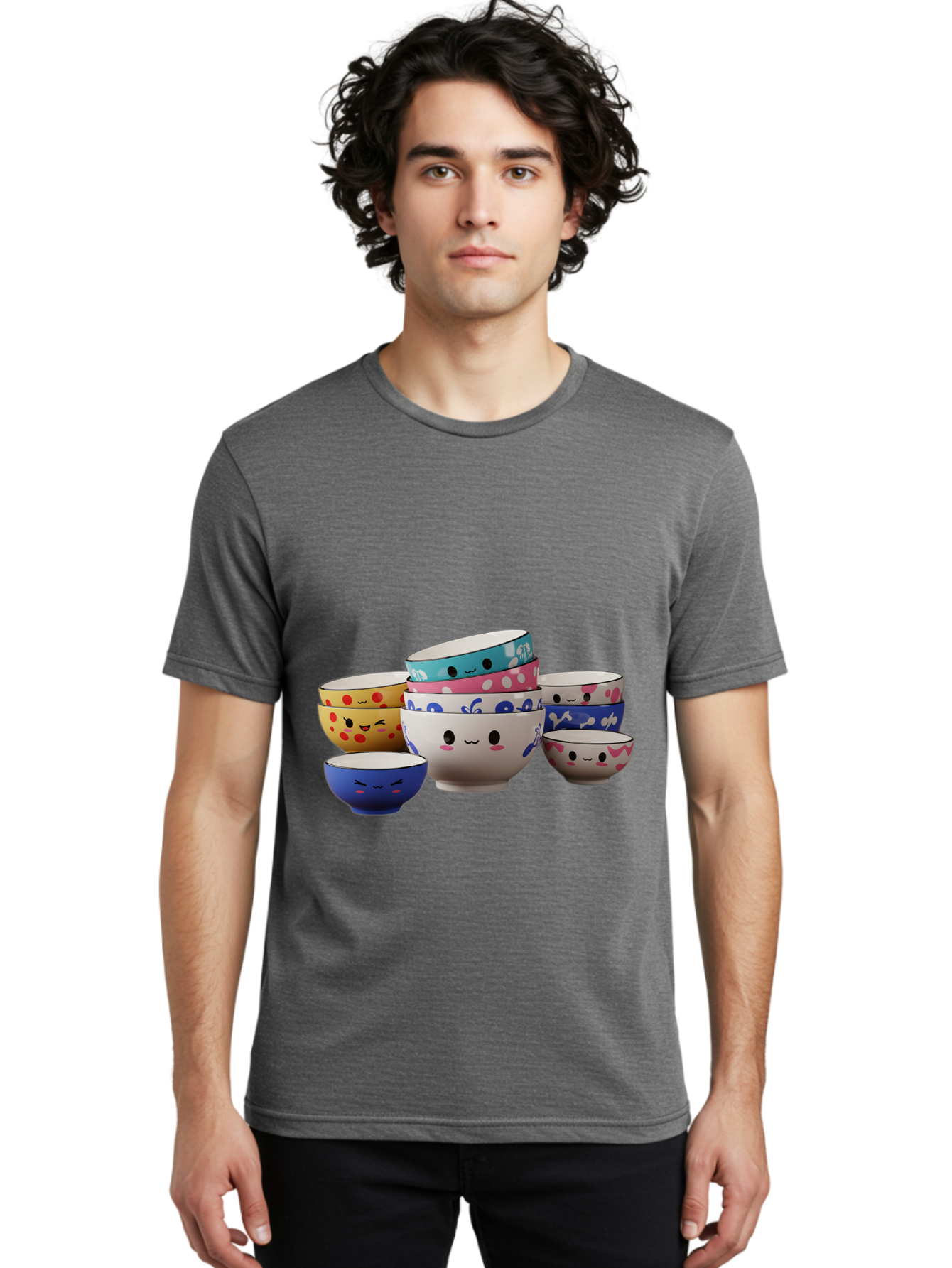 Cereal-Bowls Men'S Graphic Tee, 100% Cotton, Comfortable Casual Summer Wear, Machine Washable, Stacked Ceramic Bowls, Colorful Designs, Fun Patterns, Emotive Faces, Playful Tableware, Kawaii Style, Adorable Kitchenware, Vibrant Colors, Baa281 6