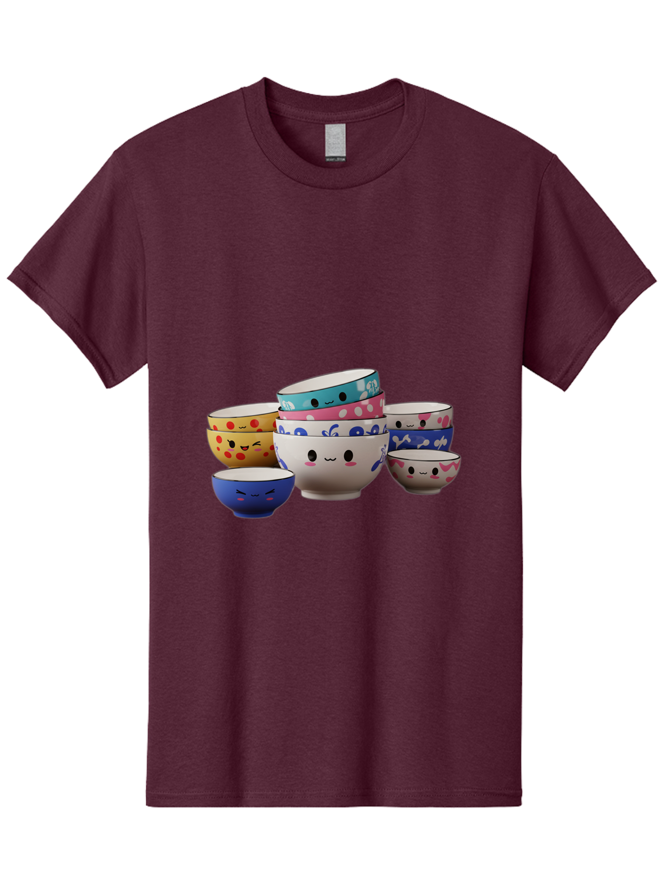 Cereal-Bowls Men'S Graphic Tee, 100% Cotton, Comfortable Casual Summer Wear, Machine Washable, Stacked Ceramic Bowls, Colorful Designs, Fun Patterns, Emotive Faces, Playful Tableware, Kawaii Style, Adorable Kitchenware, Vibrant Colors, Baa281 3