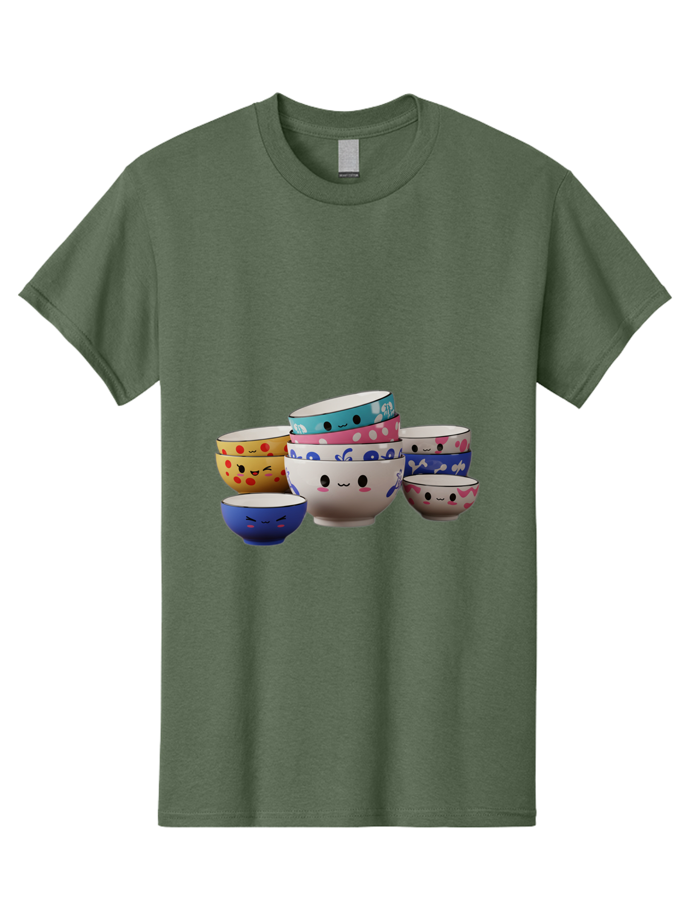 Cereal-Bowls Men'S Graphic Tee, 100% Cotton, Comfortable Casual Summer Wear, Machine Washable, Stacked Ceramic Bowls, Colorful Designs, Fun Patterns, Emotive Faces, Playful Tableware, Kawaii Style, Adorable Kitchenware, Vibrant Colors, Baa281 17