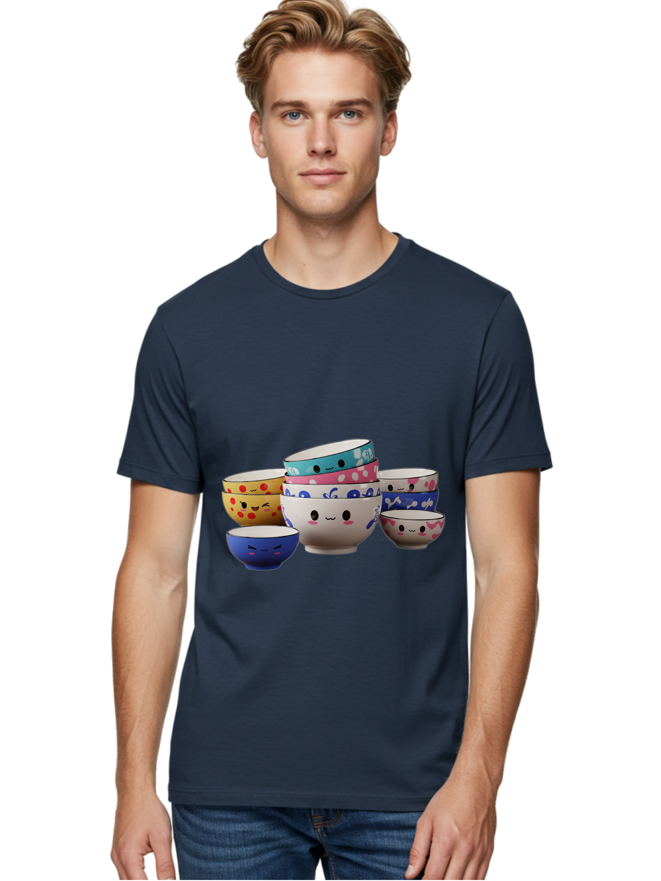 Cereal-Bowls Men'S Graphic Tee, 100% Cotton, Comfortable Casual Summer Wear, Machine Washable, Stacked Ceramic Bowls, Colorful Designs, Fun Patterns, Emotive Faces, Playful Tableware, Kawaii Style, Adorable Kitchenware, Vibrant Colors, Baa281 2