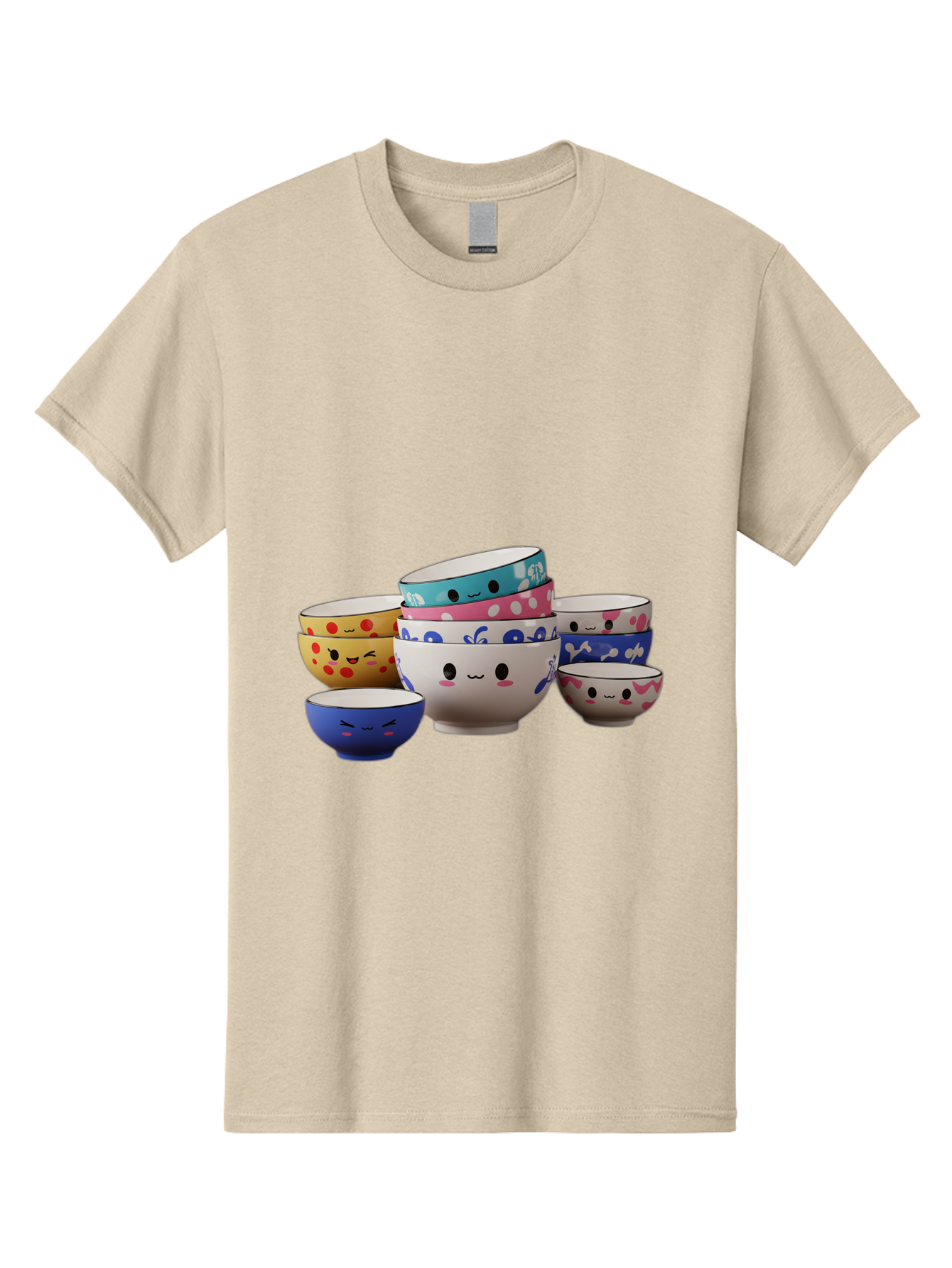 Cereal-Bowls Men'S Graphic Tee, 100% Cotton, Comfortable Casual Summer Wear, Machine Washable, Stacked Ceramic Bowls, Colorful Designs, Fun Patterns, Emotive Faces, Playful Tableware, Kawaii Style, Adorable Kitchenware, Vibrant Colors, Baa281 19