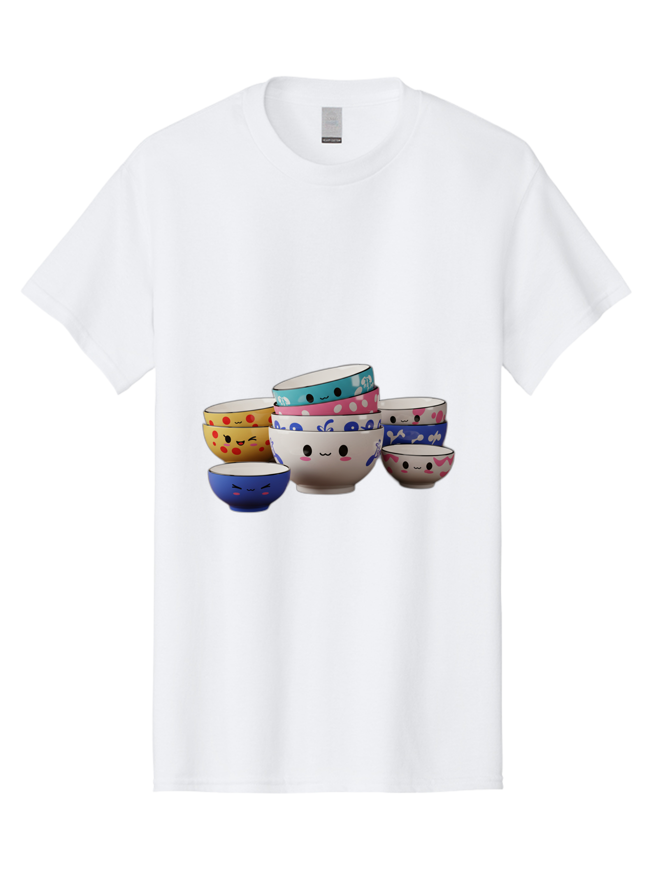 Cereal-Bowls Men'S Graphic Tee, 100% Cotton, Comfortable Casual Summer Wear, Machine Washable, Stacked Ceramic Bowls, Colorful Designs, Fun Patterns, Emotive Faces, Playful Tableware, Kawaii Style, Adorable Kitchenware, Vibrant Colors, Baa281 11