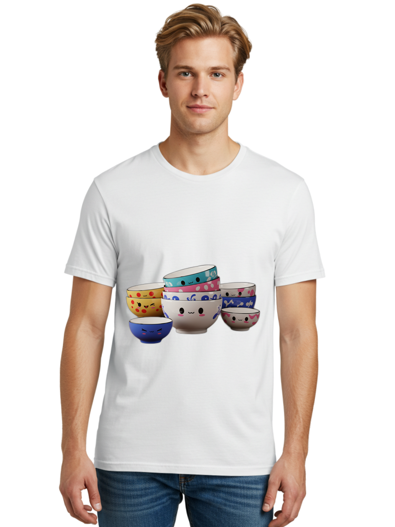 Cereal-Bowls Men'S Graphic Tee, 100% Cotton, Comfortable Casual Summer Wear, Machine Washable, Stacked Ceramic Bowls, Colorful Designs, Fun Patterns, Emotive Faces, Playful Tableware, Kawaii Style, Adorable Kitchenware, Vibrant Colors, Baa281 12