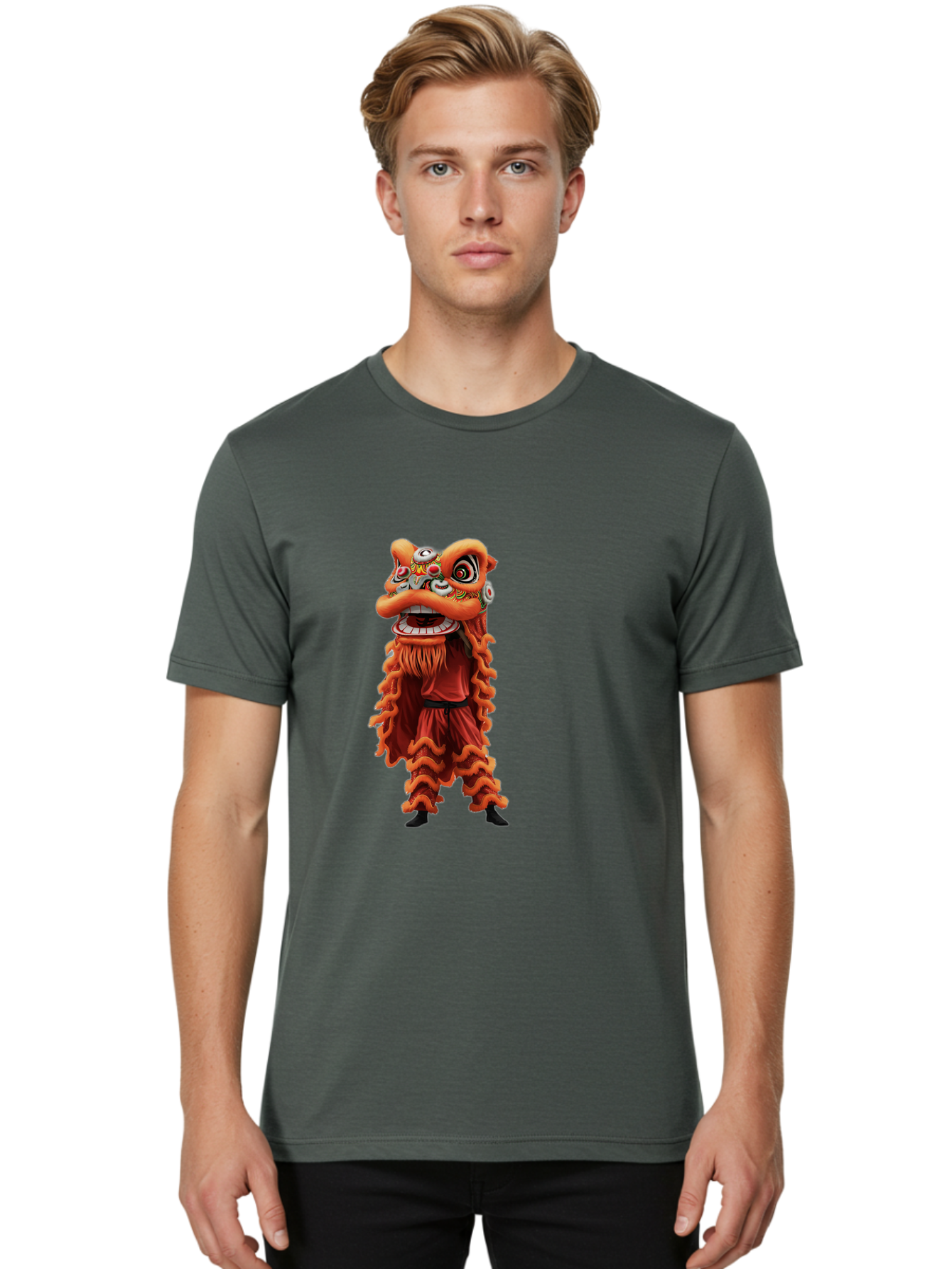 Chinese-Lion-Dance-Costume Men'S Graphic Tee, 100% Cotton, Comfortable Casual Summer Wear, Machine Washable, Chinese Lion Dance, Traditional Costume, Cultural Heritage, Mythical Creature, Vibrant Colors, Lively Performance, Intricate Design, Baa294 12