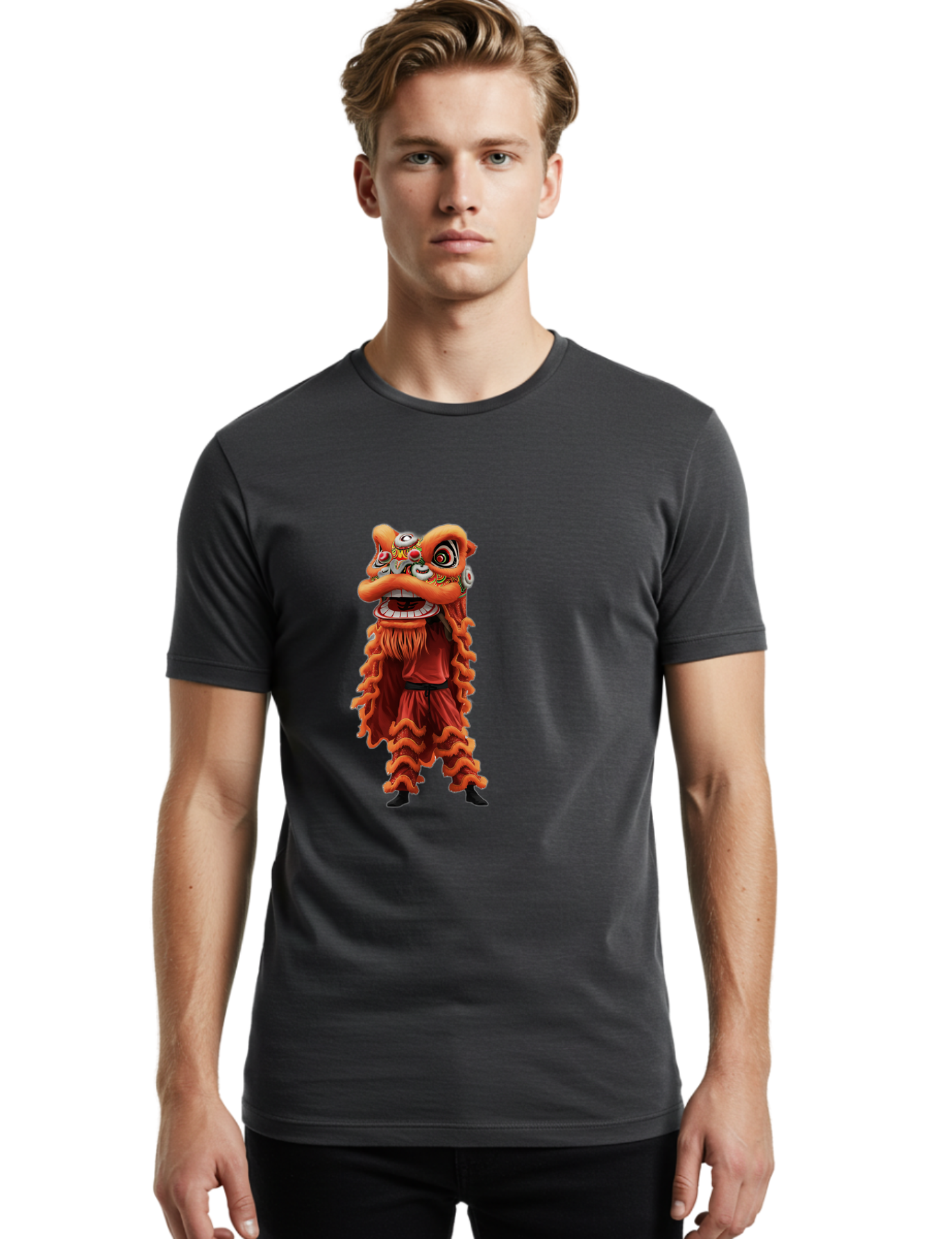 Chinese-Lion-Dance-Costume Men'S Graphic Tee, 100% Cotton, Comfortable Casual Summer Wear, Machine Washable, Chinese Lion Dance, Traditional Costume, Cultural Heritage, Mythical Creature, Vibrant Colors, Lively Performance, Intricate Design, Baa294 22