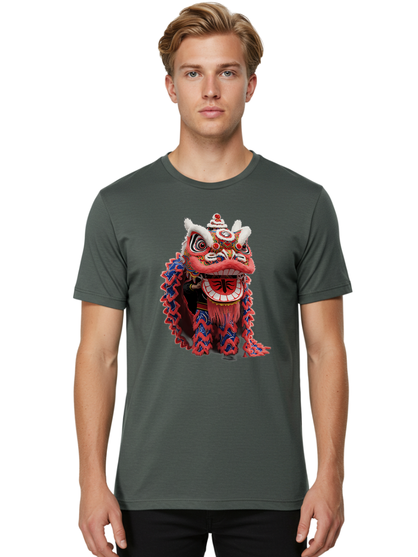 Chinese-Lion-Dance-Head Men'S Graphic Tee, 100% Cotton, Comfortable Casual Summer Wear, Machine Washable, Lion Dance Costume, Traditional Chinese Lion, Cultural Heritage, Festive Celebrations, Vibrant Colors, Intricate Designs, Baa295 26