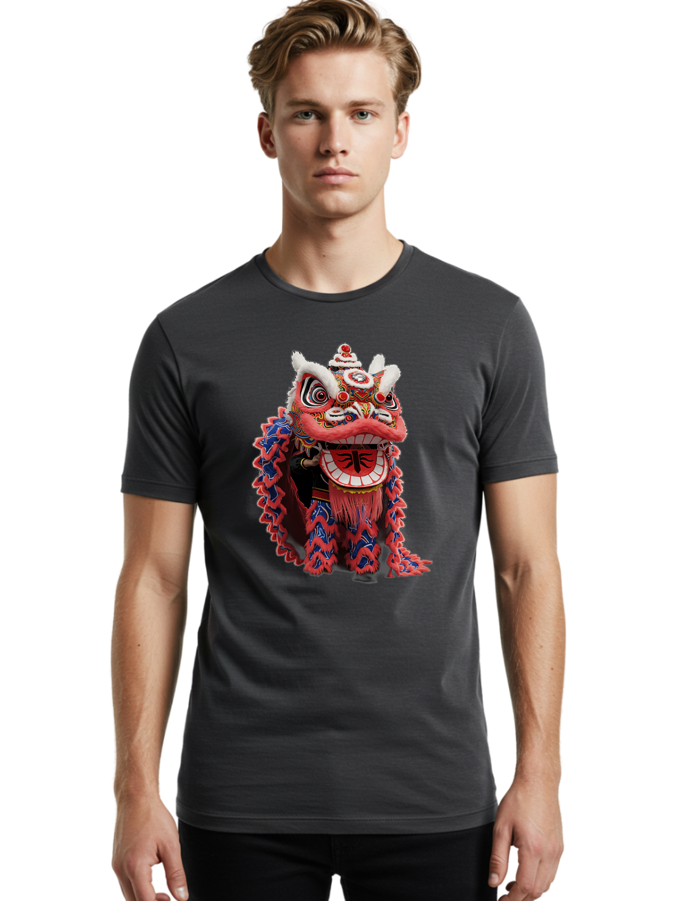 Chinese-Lion-Dance-Head Men'S Graphic Tee, 100% Cotton, Comfortable Casual Summer Wear, Machine Washable, Lion Dance Costume, Traditional Chinese Lion, Cultural Heritage, Festive Celebrations, Vibrant Colors, Intricate Designs, Baa295 14