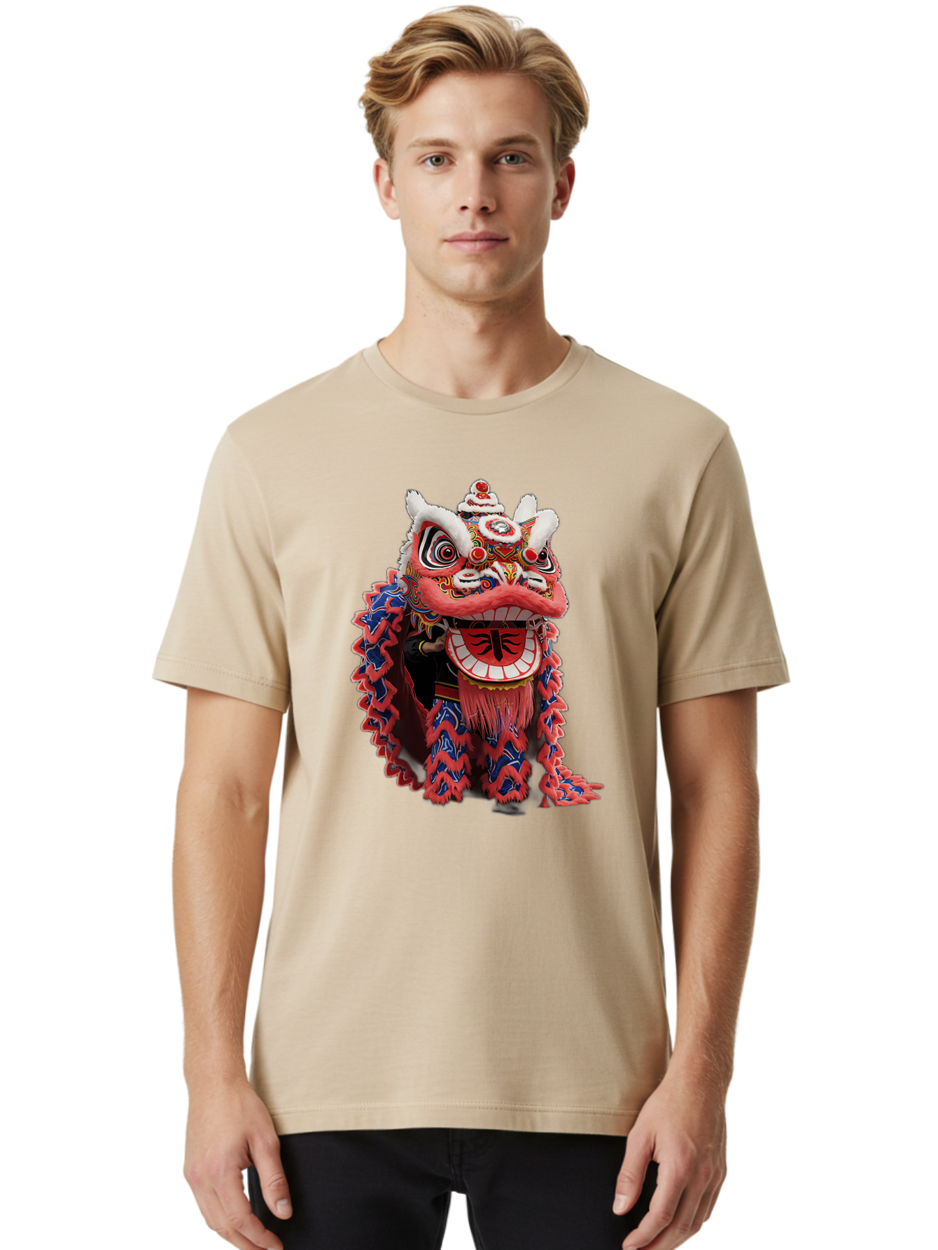 Chinese-Lion-Dance-Head Men'S Graphic Tee, 100% Cotton, Comfortable Casual Summer Wear, Machine Washable, Lion Dance Costume, Traditional Chinese Lion, Cultural Heritage, Festive Celebrations, Vibrant Colors, Intricate Designs, Baa295 2
