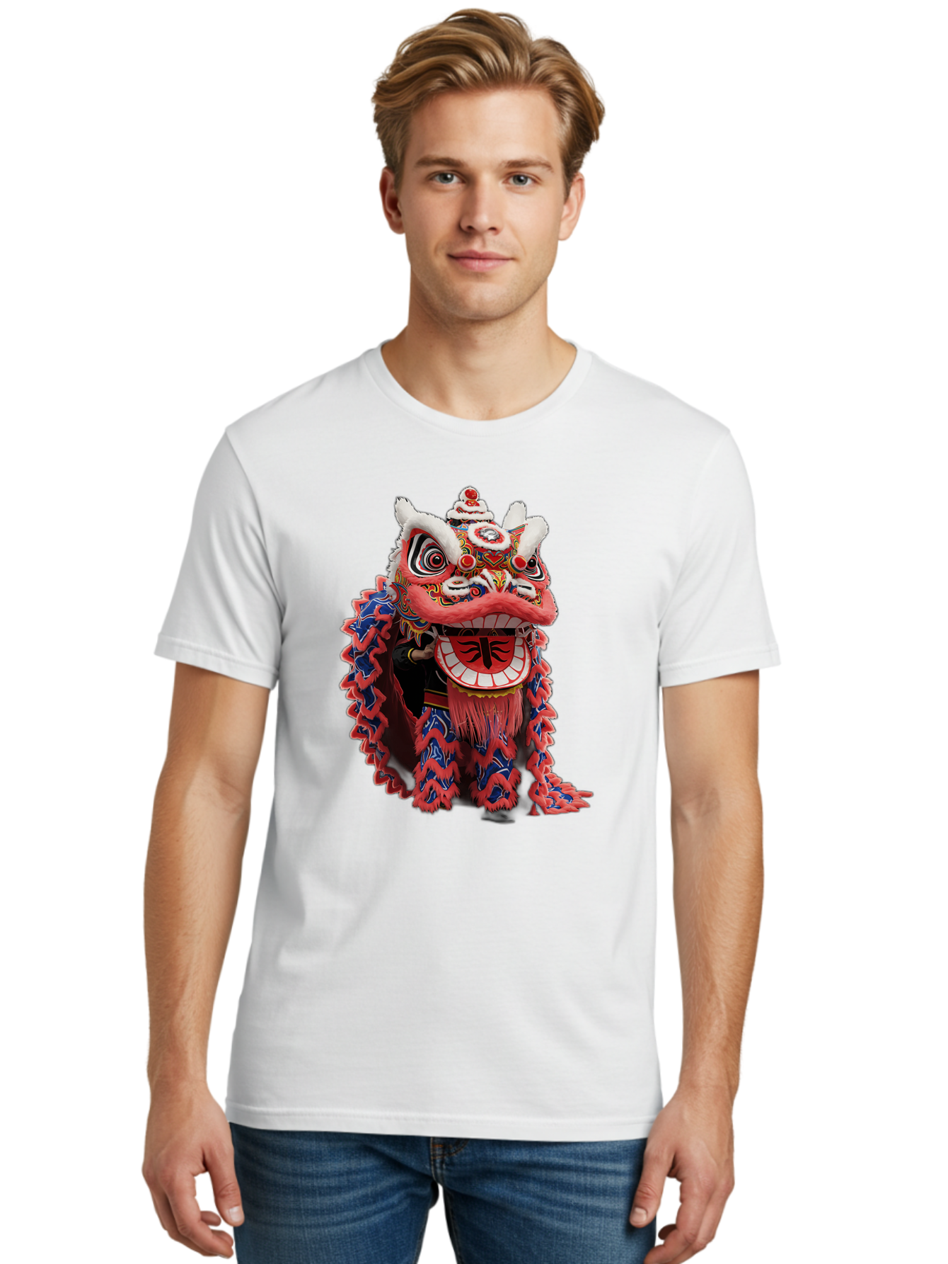 Chinese-Lion-Dance-Head Men'S Graphic Tee, 100% Cotton, Comfortable Casual Summer Wear, Machine Washable, Lion Dance Costume, Traditional Chinese Lion, Cultural Heritage, Festive Celebrations, Vibrant Colors, Intricate Designs, Baa295 10