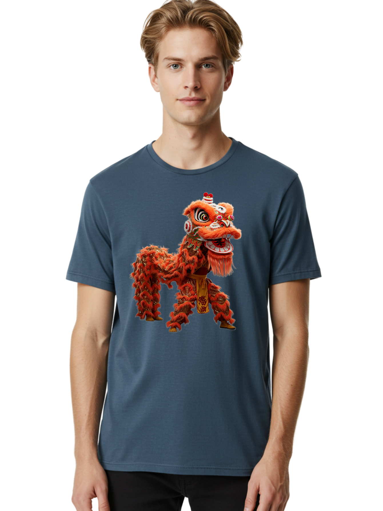 Chinese-Lion-Dance Men'S Graphic Tee, 100% Cotton, Comfortable Casual Summer Wear, Machine Washable, Lion Dance Costume, Traditional Chinese Dance, Cultural Heritage, Vibrant Orange, Festive Atmosphere, Intricate Designs, Mythical Creature, Baa296 6