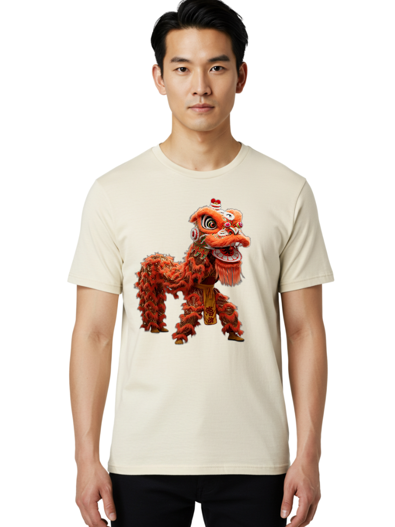 Chinese-Lion-Dance Men'S Graphic Tee, 100% Cotton, Comfortable Casual Summer Wear, Machine Washable, Lion Dance Costume, Traditional Chinese Dance, Cultural Heritage, Vibrant Orange, Festive Atmosphere, Intricate Designs, Mythical Creature, Baa296 4