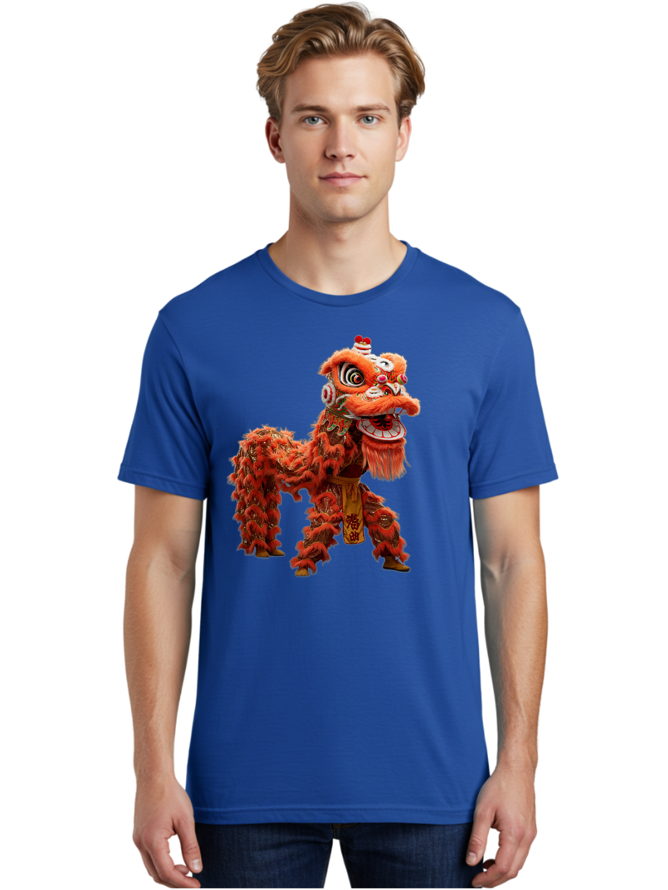 Chinese-Lion-Dance Men'S Graphic Tee, 100% Cotton, Comfortable Casual Summer Wear, Machine Washable, Lion Dance Costume, Traditional Chinese Dance, Cultural Heritage, Vibrant Orange, Festive Atmosphere, Intricate Designs, Mythical Creature, Baa296 24