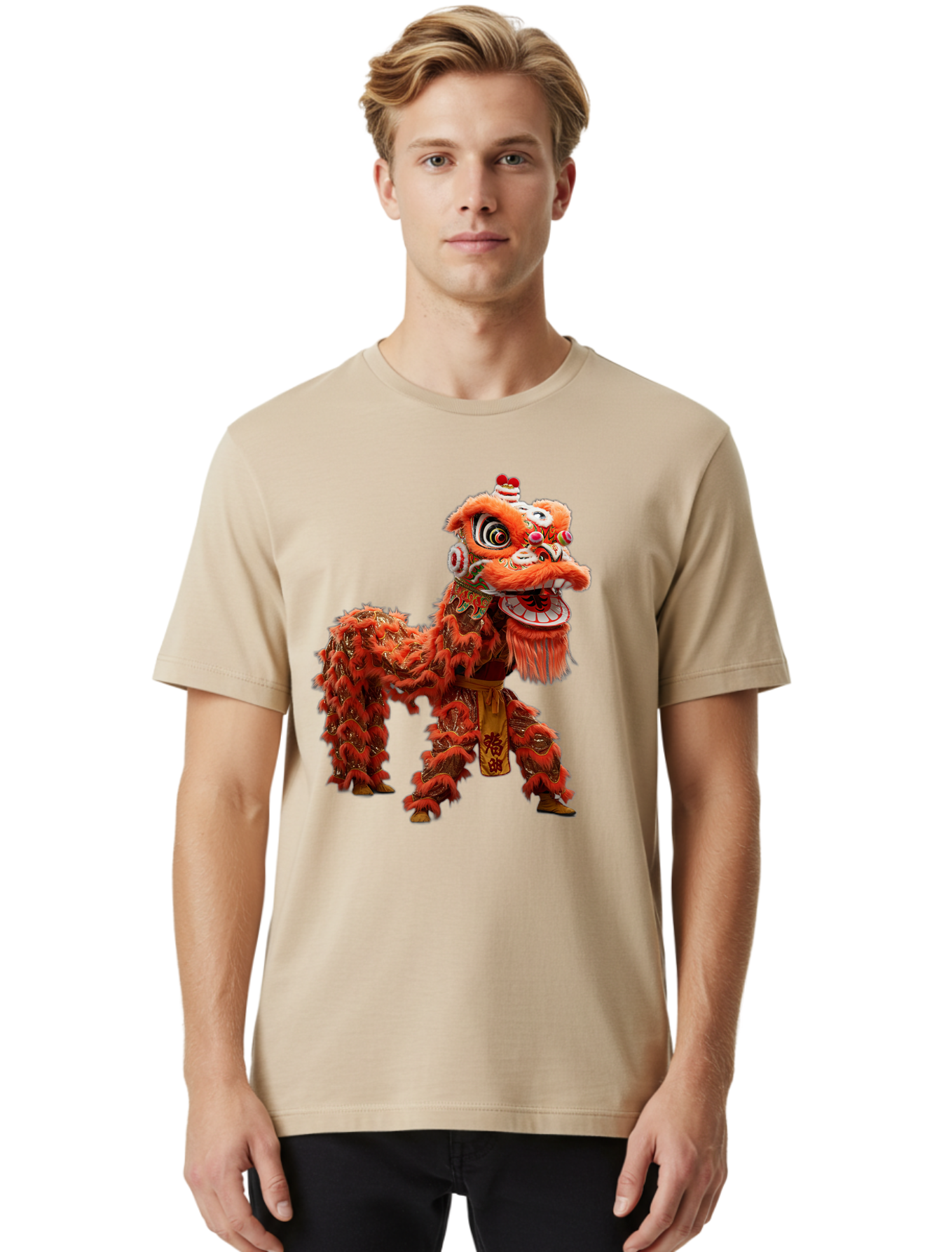 Chinese-Lion-Dance Men'S Graphic Tee, 100% Cotton, Comfortable Casual Summer Wear, Machine Washable, Lion Dance Costume, Traditional Chinese Dance, Cultural Heritage, Vibrant Orange, Festive Atmosphere, Intricate Designs, Mythical Creature, Baa296 14