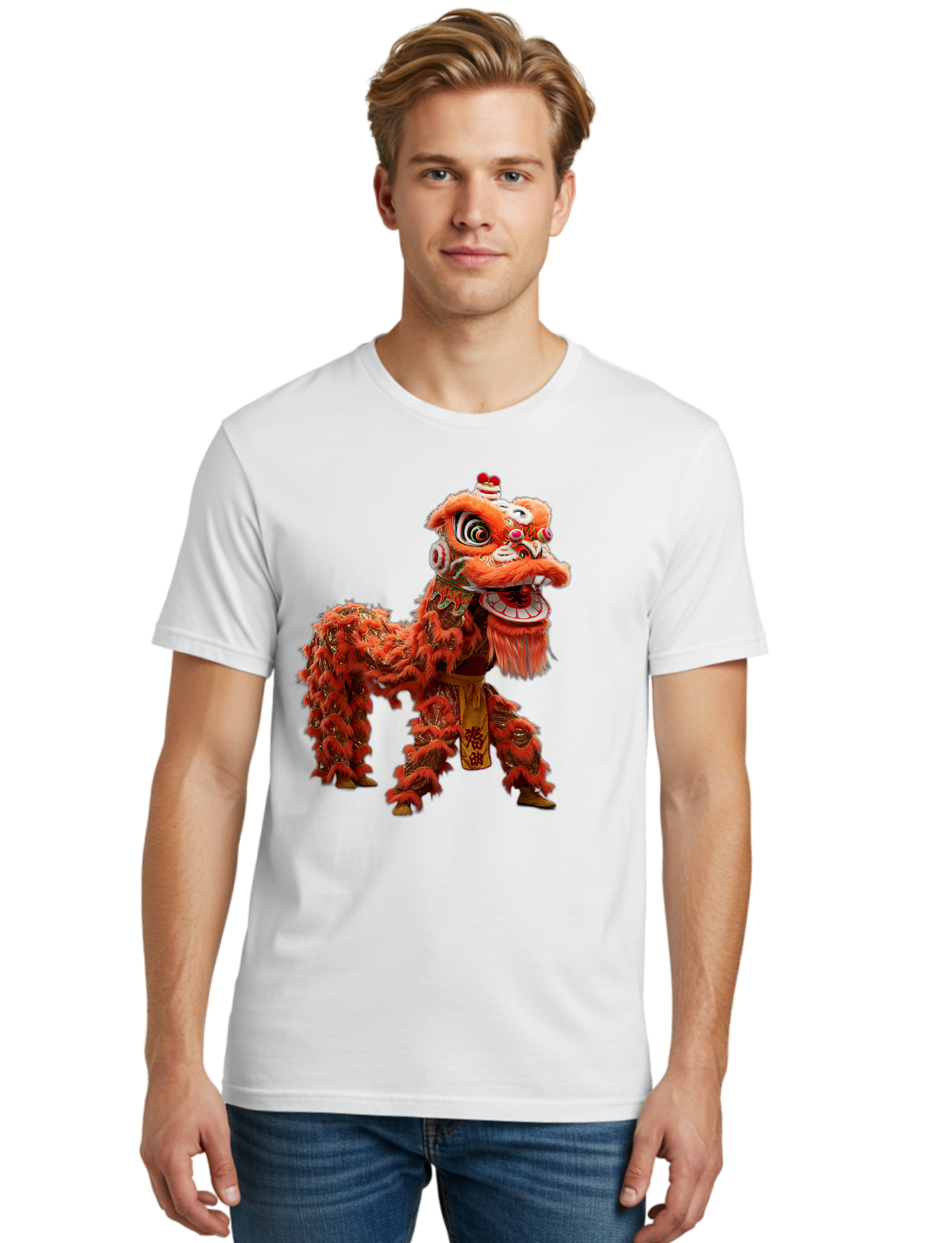Chinese-Lion-Dance Men'S Graphic Tee, 100% Cotton, Comfortable Casual Summer Wear, Machine Washable, Lion Dance Costume, Traditional Chinese Dance, Cultural Heritage, Vibrant Orange, Festive Atmosphere, Intricate Designs, Mythical Creature, Baa296 16