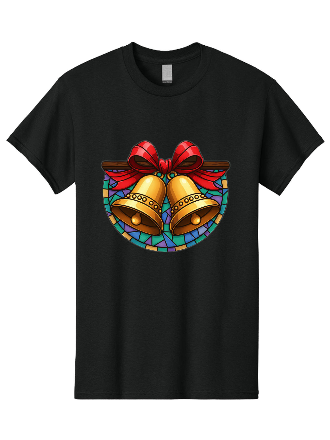 Christmas-Bells-Stained-Glass Men'S Graphic Tee, 100% Cotton, Comfortable Casual Summer Wear, Machine Washable, Golden Christmas Bells, Stained Glass, Red Ribbon, Festive Decorations, Holiday Cheer, Christmas Celebration, Vintage Style, Baa315 17