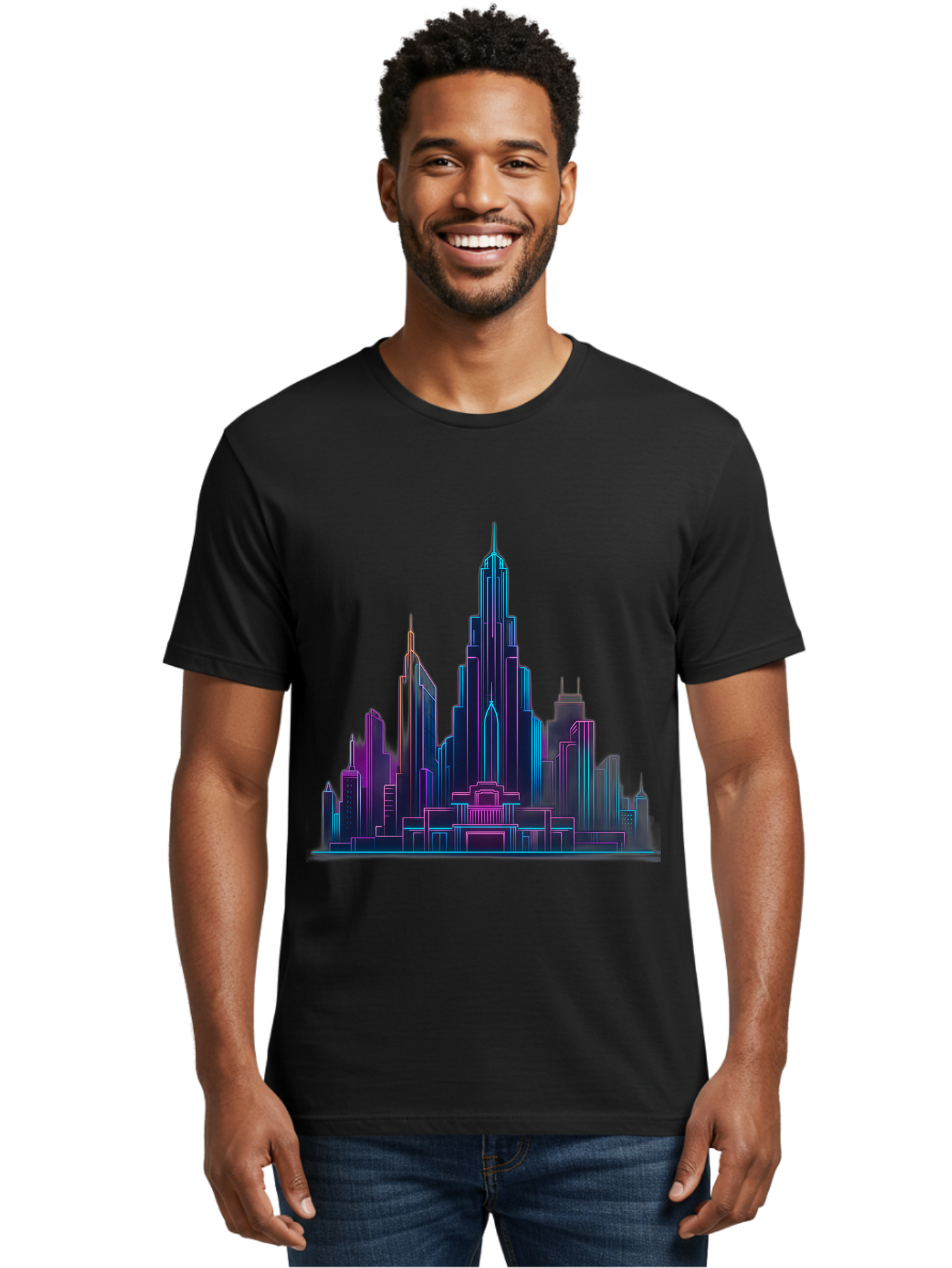 Cityscape-Skyscrapers Men'S Graphic Tee, 100% Cotton, Comfortable Casual Summer Wear, Machine Washable, City Skyline, Futuristic Architecture, Neon Lights, Modern Buildings, Urban Landscape, Skyscrapers, Cityscape, Contemporary Design, Baa321 14