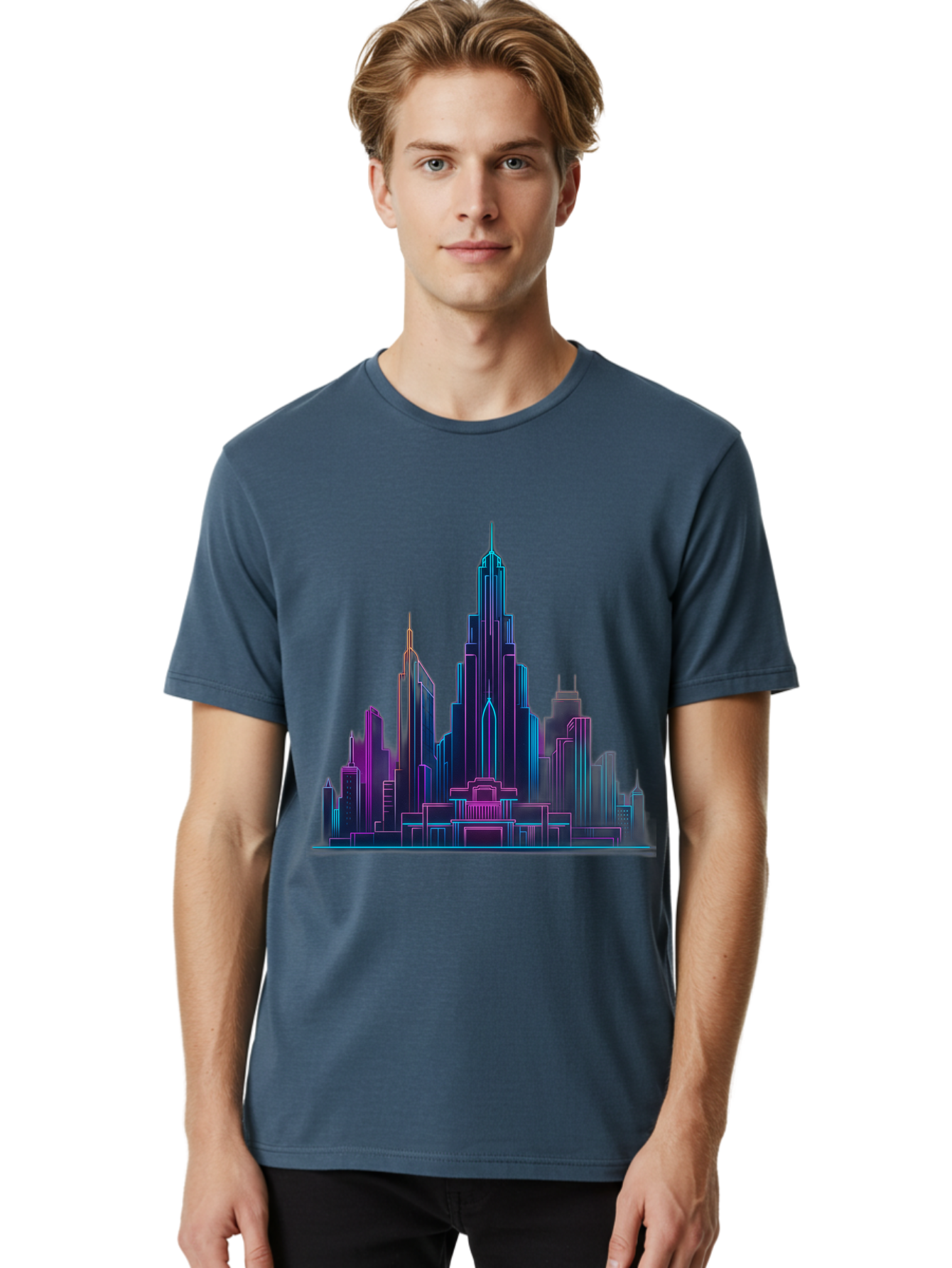 Cityscape-Skyscrapers Men'S Graphic Tee, 100% Cotton, Comfortable Casual Summer Wear, Machine Washable, City Skyline, Futuristic Architecture, Neon Lights, Modern Buildings, Urban Landscape, Skyscrapers, Cityscape, Contemporary Design, Baa321 6