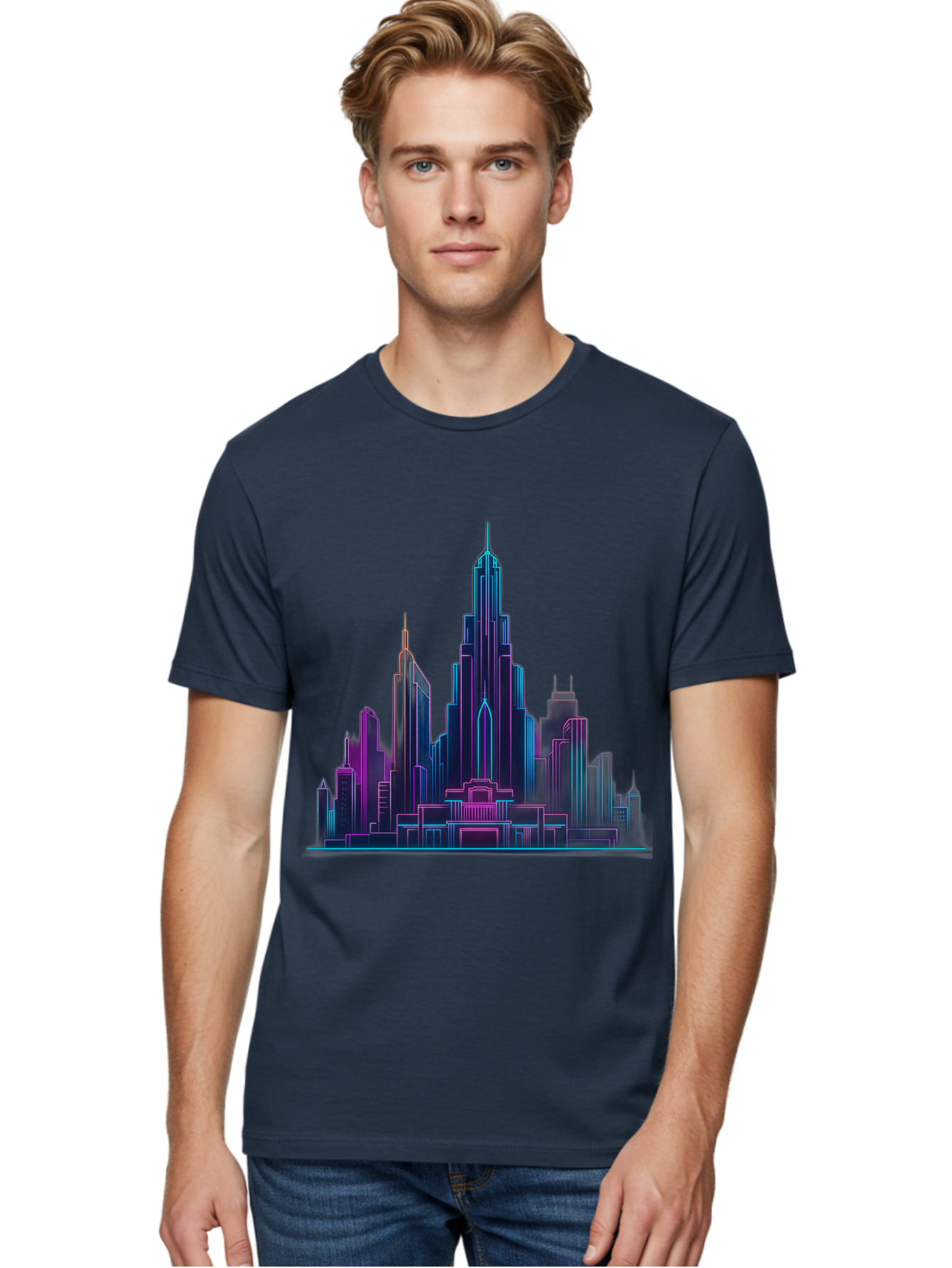 Cityscape-Skyscrapers Men'S Graphic Tee, 100% Cotton, Comfortable Casual Summer Wear, Machine Washable, City Skyline, Futuristic Architecture, Neon Lights, Modern Buildings, Urban Landscape, Skyscrapers, Cityscape, Contemporary Design, Baa321 8