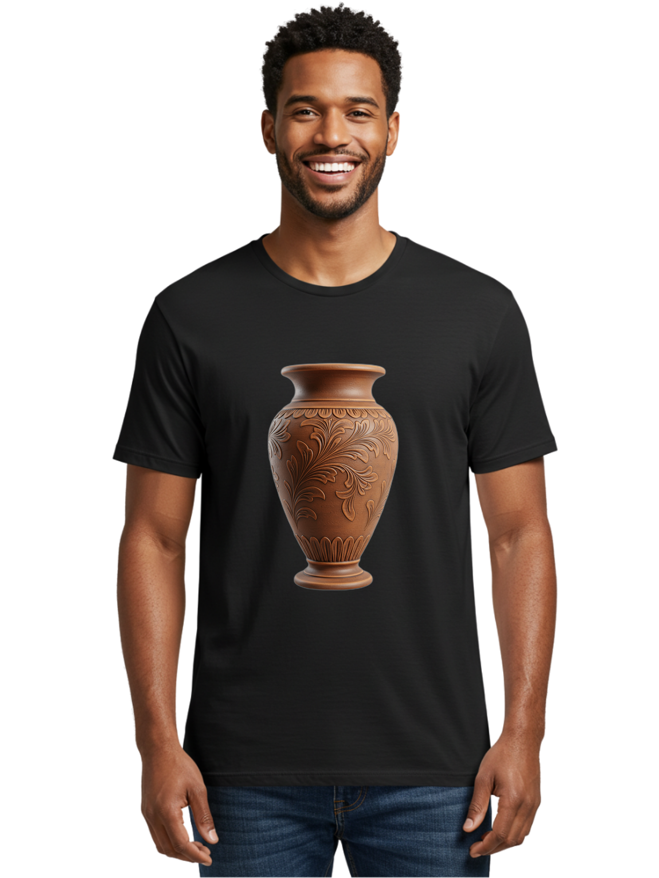 Clay-Vase-With-Floral-Pattern Men'S Graphic Tee, 100% Cotton, Comfortable Casual Summer Wear, Machine Washable, Terracotta Vase, Clay Pottery, Ornate Design, Floral Pattern, Traditional Craftsmanship, Earthy Tones, Vintage Decor, Home Decor, Baa331 8
