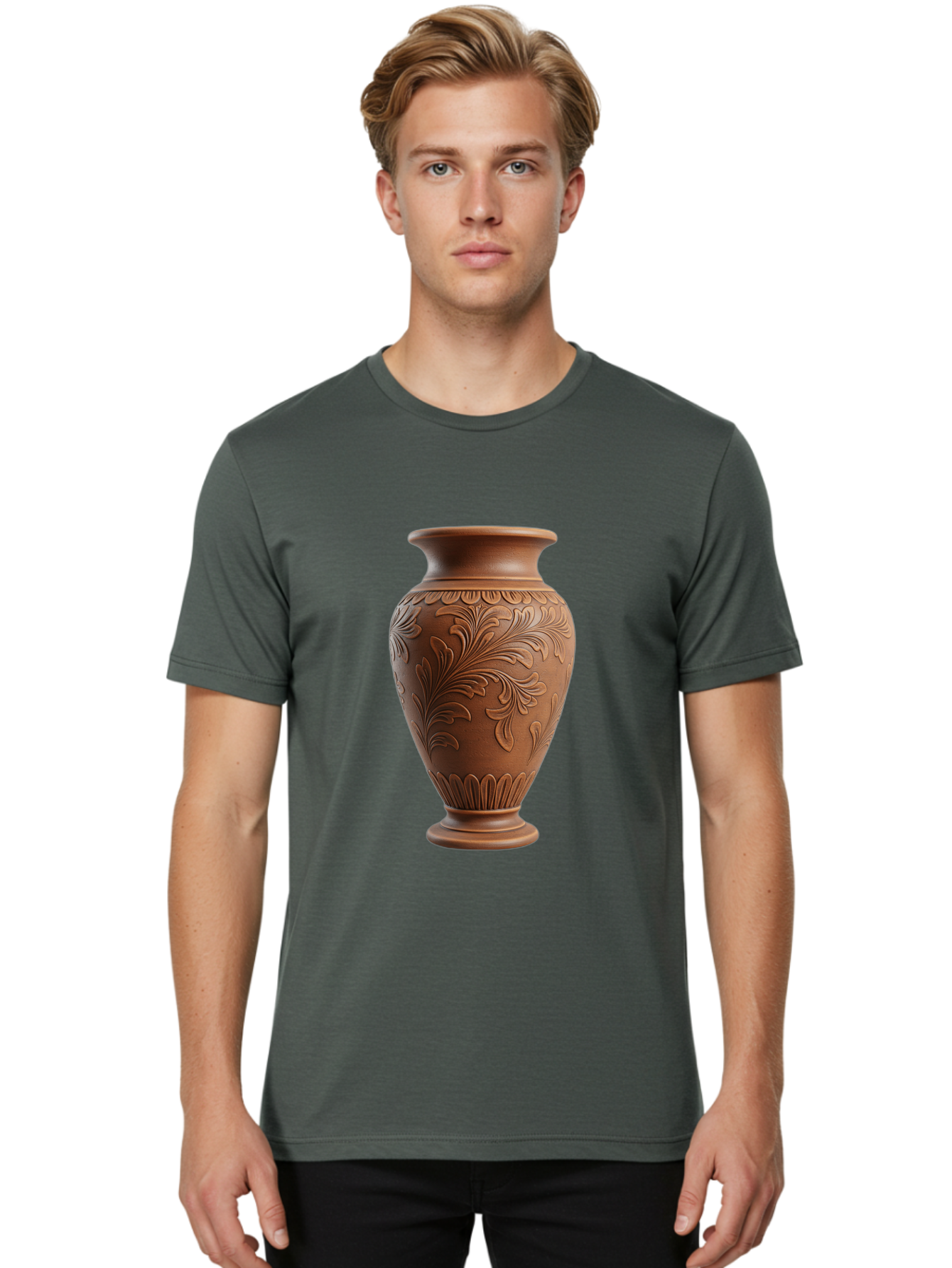 Clay-Vase-With-Floral-Pattern Men'S Graphic Tee, 100% Cotton, Comfortable Casual Summer Wear, Machine Washable, Terracotta Vase, Clay Pottery, Ornate Design, Floral Pattern, Traditional Craftsmanship, Earthy Tones, Vintage Decor, Home Decor, Baa331 6
