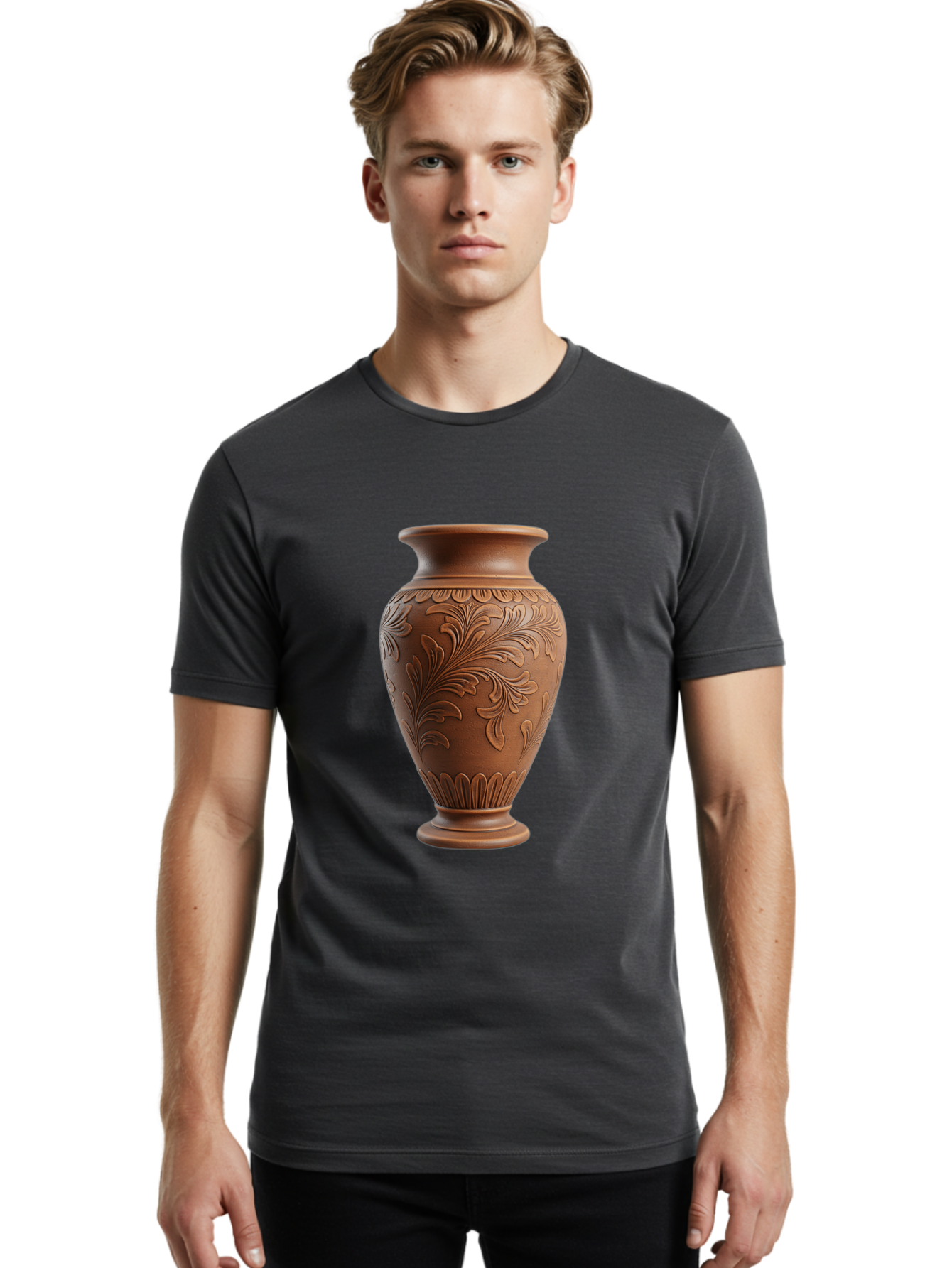 Clay-Vase-With-Floral-Pattern Men'S Graphic Tee, 100% Cotton, Comfortable Casual Summer Wear, Machine Washable, Terracotta Vase, Clay Pottery, Ornate Design, Floral Pattern, Traditional Craftsmanship, Earthy Tones, Vintage Decor, Home Decor, Baa331 12