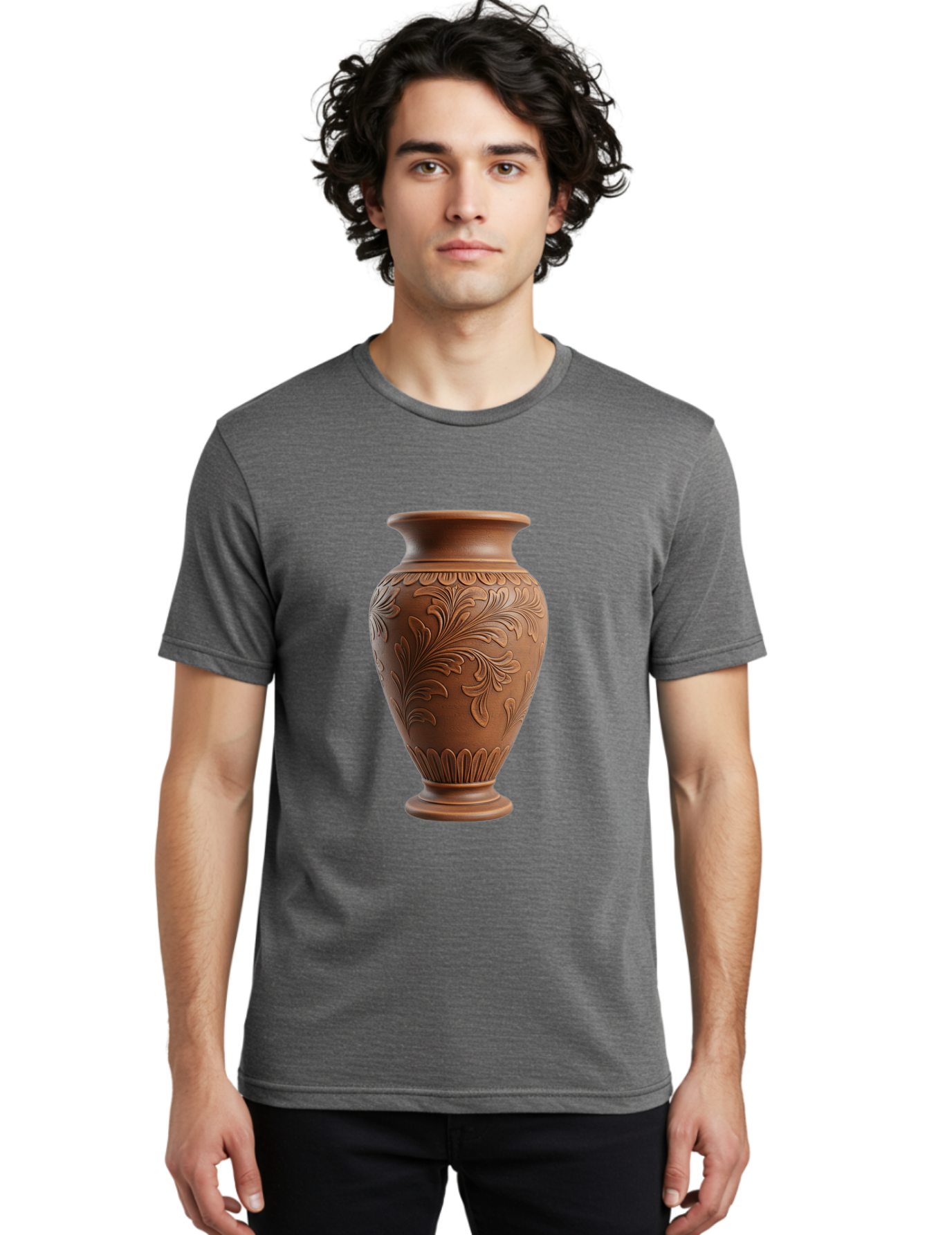Clay-Vase-With-Floral-Pattern Men'S Graphic Tee, 100% Cotton, Comfortable Casual Summer Wear, Machine Washable, Terracotta Vase, Clay Pottery, Ornate Design, Floral Pattern, Traditional Craftsmanship, Earthy Tones, Vintage Decor, Home Decor, Baa331 20
