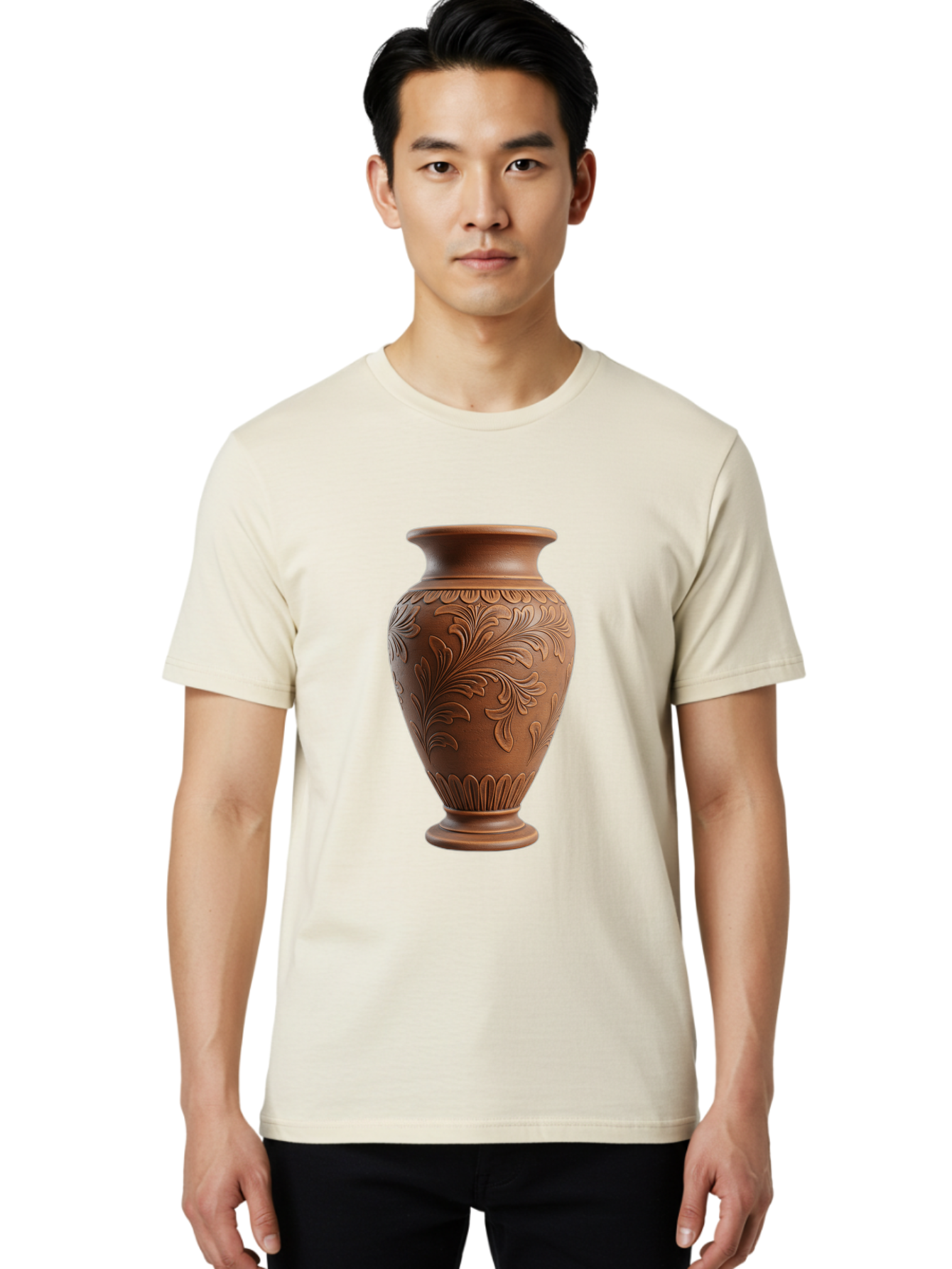 Clay-Vase-With-Floral-Pattern Men'S Graphic Tee, 100% Cotton, Comfortable Casual Summer Wear, Machine Washable, Terracotta Vase, Clay Pottery, Ornate Design, Floral Pattern, Traditional Craftsmanship, Earthy Tones, Vintage Decor, Home Decor, Baa331 4