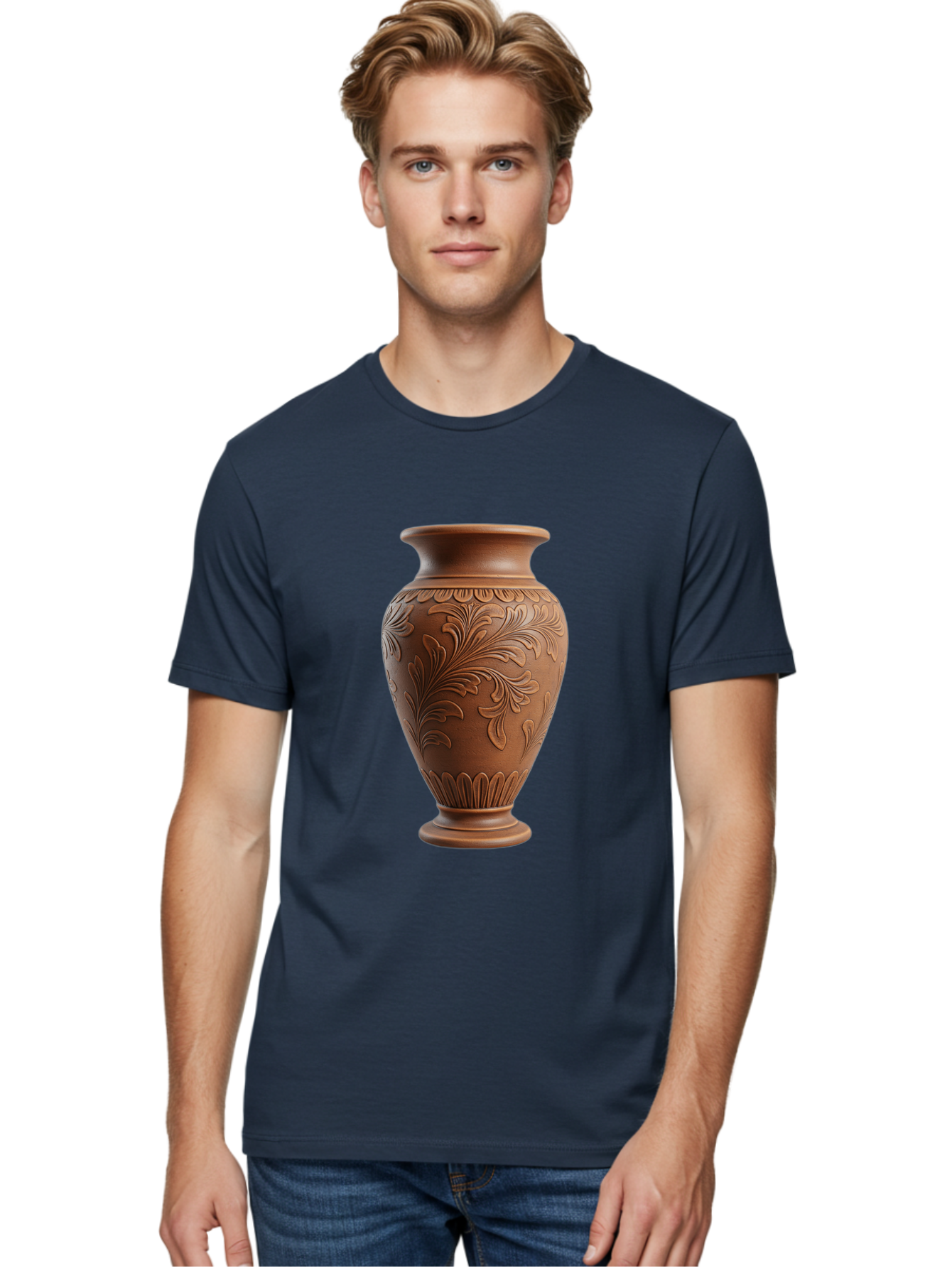 Clay-Vase-With-Floral-Pattern Men'S Graphic Tee, 100% Cotton, Comfortable Casual Summer Wear, Machine Washable, Terracotta Vase, Clay Pottery, Ornate Design, Floral Pattern, Traditional Craftsmanship, Earthy Tones, Vintage Decor, Home Decor, Baa331 18