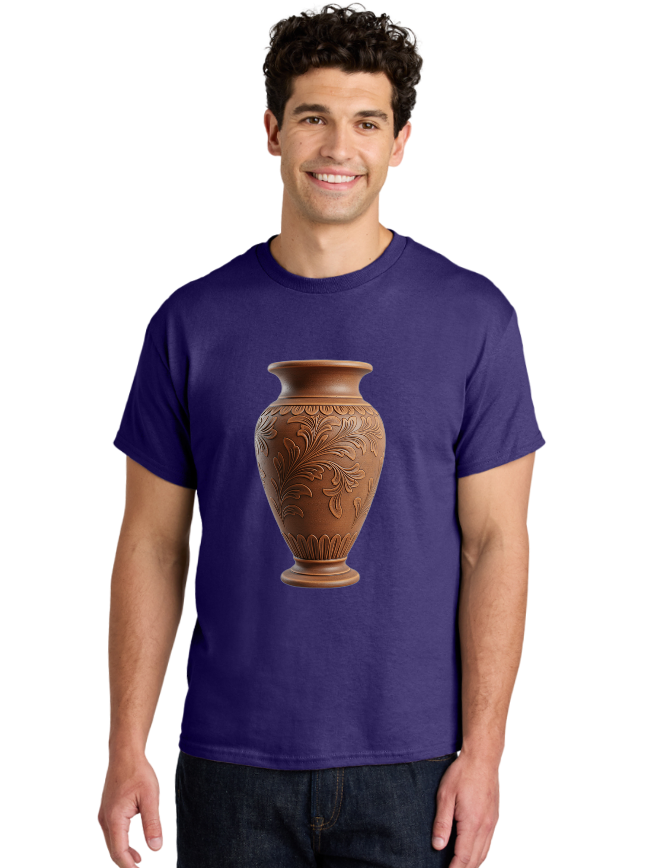 Clay-Vase-With-Floral-Pattern Men'S Graphic Tee, 100% Cotton, Comfortable Casual Summer Wear, Machine Washable, Terracotta Vase, Clay Pottery, Ornate Design, Floral Pattern, Traditional Craftsmanship, Earthy Tones, Vintage Decor, Home Decor, Baa331 28