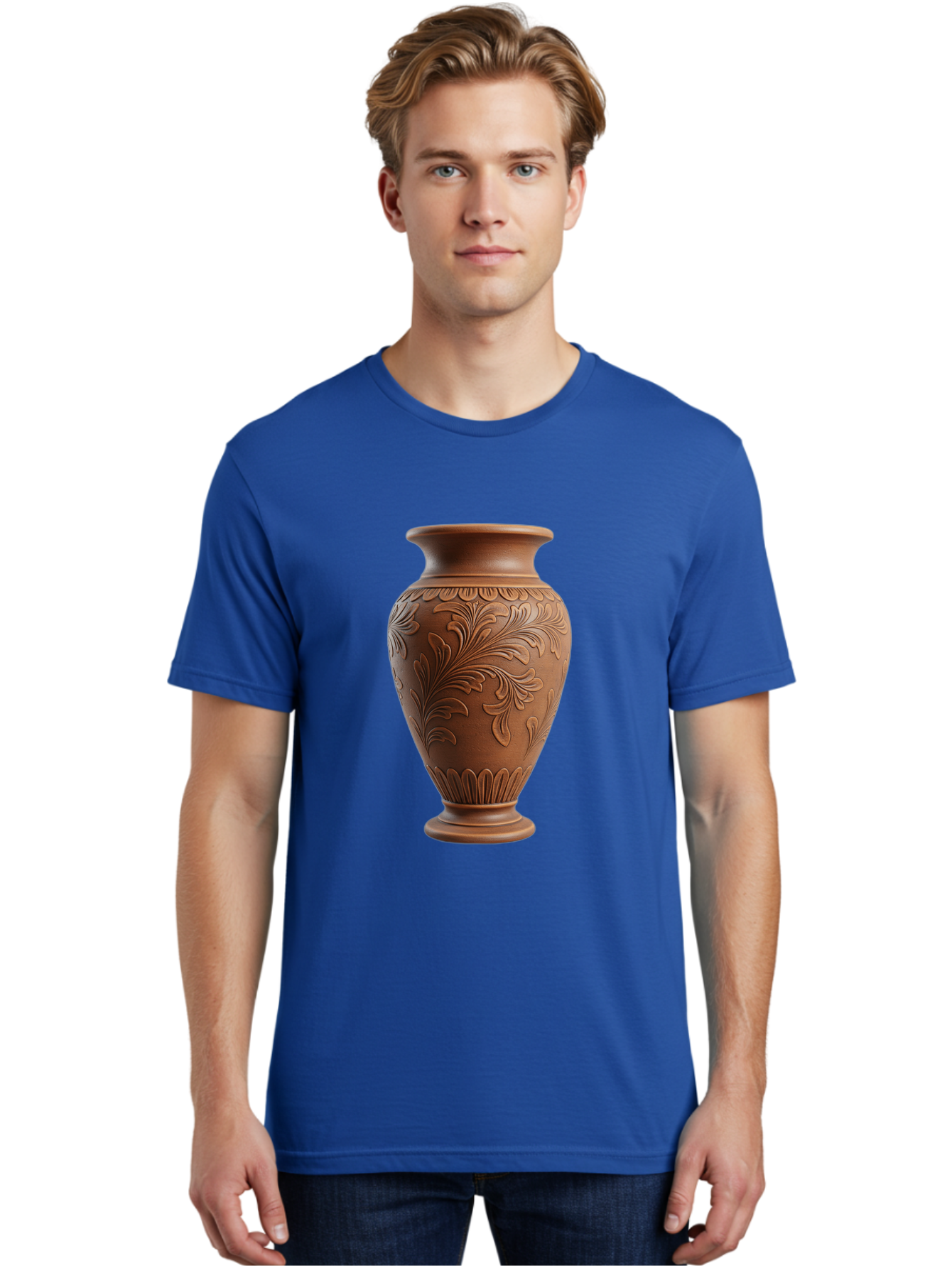 Clay-Vase-With-Floral-Pattern Men'S Graphic Tee, 100% Cotton, Comfortable Casual Summer Wear, Machine Washable, Terracotta Vase, Clay Pottery, Ornate Design, Floral Pattern, Traditional Craftsmanship, Earthy Tones, Vintage Decor, Home Decor, Baa331 30
