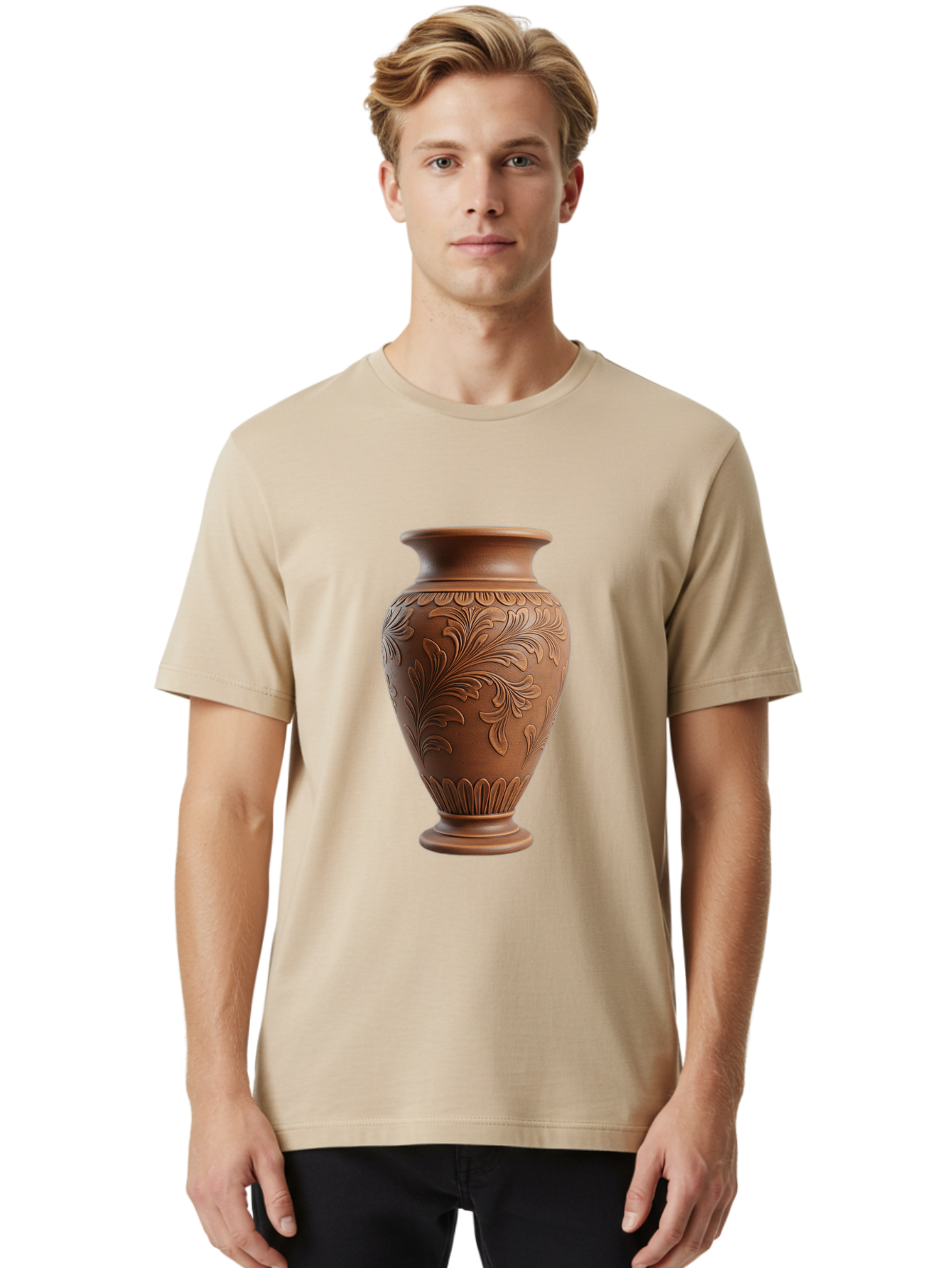 Clay-Vase-With-Floral-Pattern Men'S Graphic Tee, 100% Cotton, Comfortable Casual Summer Wear, Machine Washable, Terracotta Vase, Clay Pottery, Ornate Design, Floral Pattern, Traditional Craftsmanship, Earthy Tones, Vintage Decor, Home Decor, Baa331 26