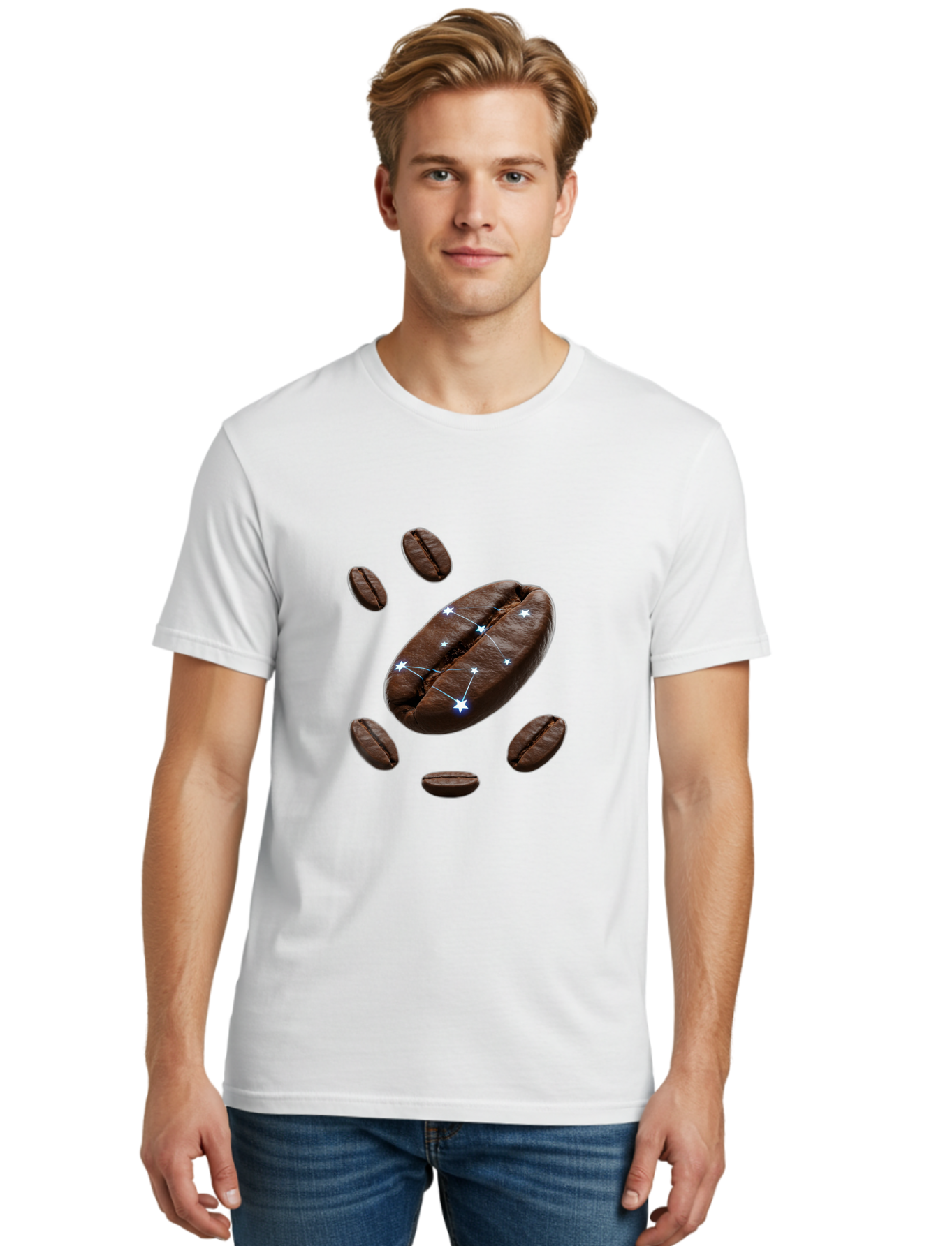 Coffee-Bean-Constellation Men'S Graphic Tee, 100% Cotton, Comfortable Casual Summer Wear, Machine Washable, Coffee Beans, Constellation Pattern, Stars, Creative Design, Surreal Art, Coffee Lover, Unique Artwork, Abstract Illustration, Baa334 12