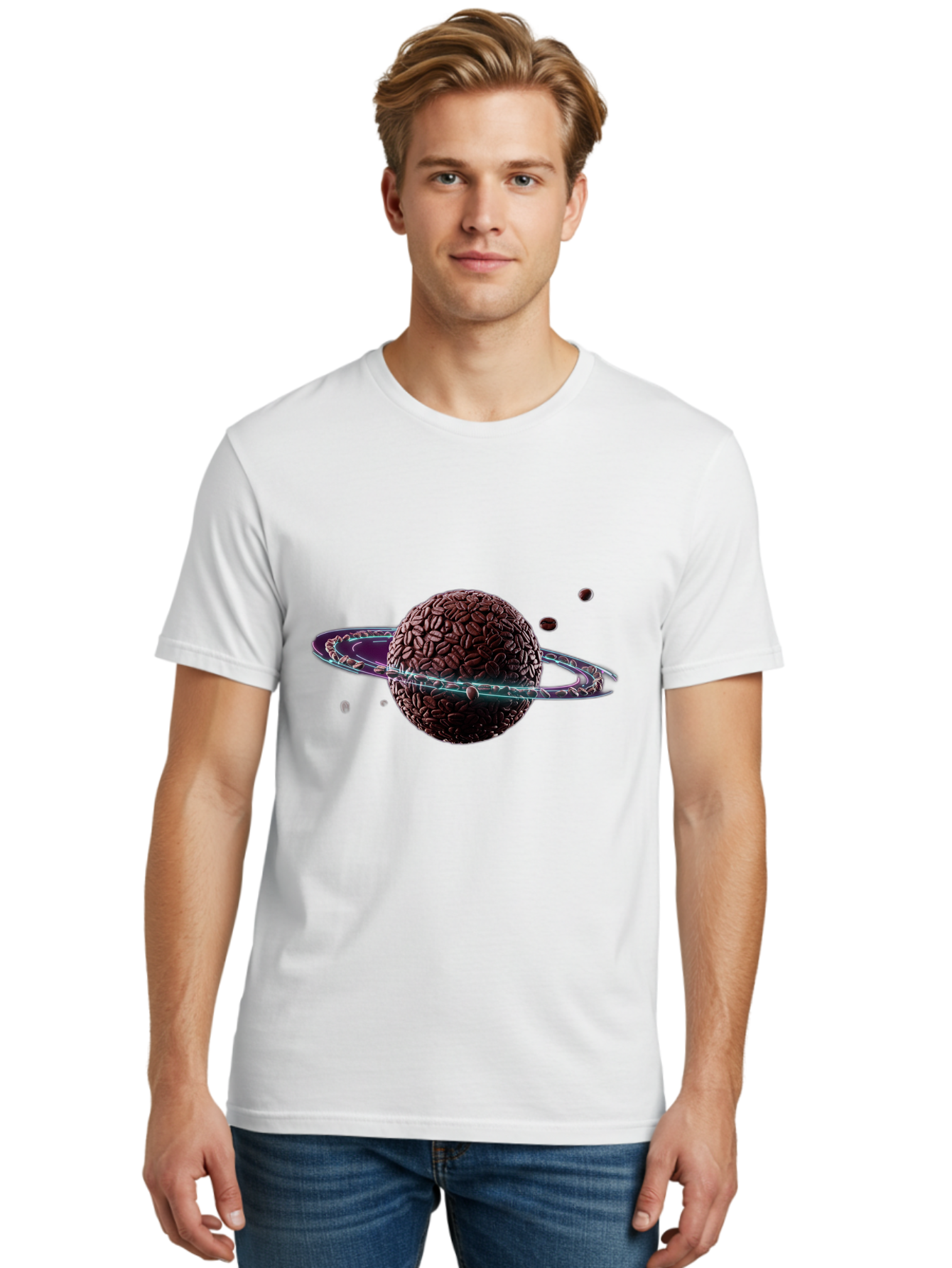 Coffee-Beans-Planet Men'S Graphic Tee, 100% Cotton, Comfortable Casual Summer Wear, Machine Washable, Coffee Beans, Planet With Rings, Creative Food Art, Coffee-Inspired Galaxy, Unique Design, Artistic Expression, Coffee Culture, Baa341 28