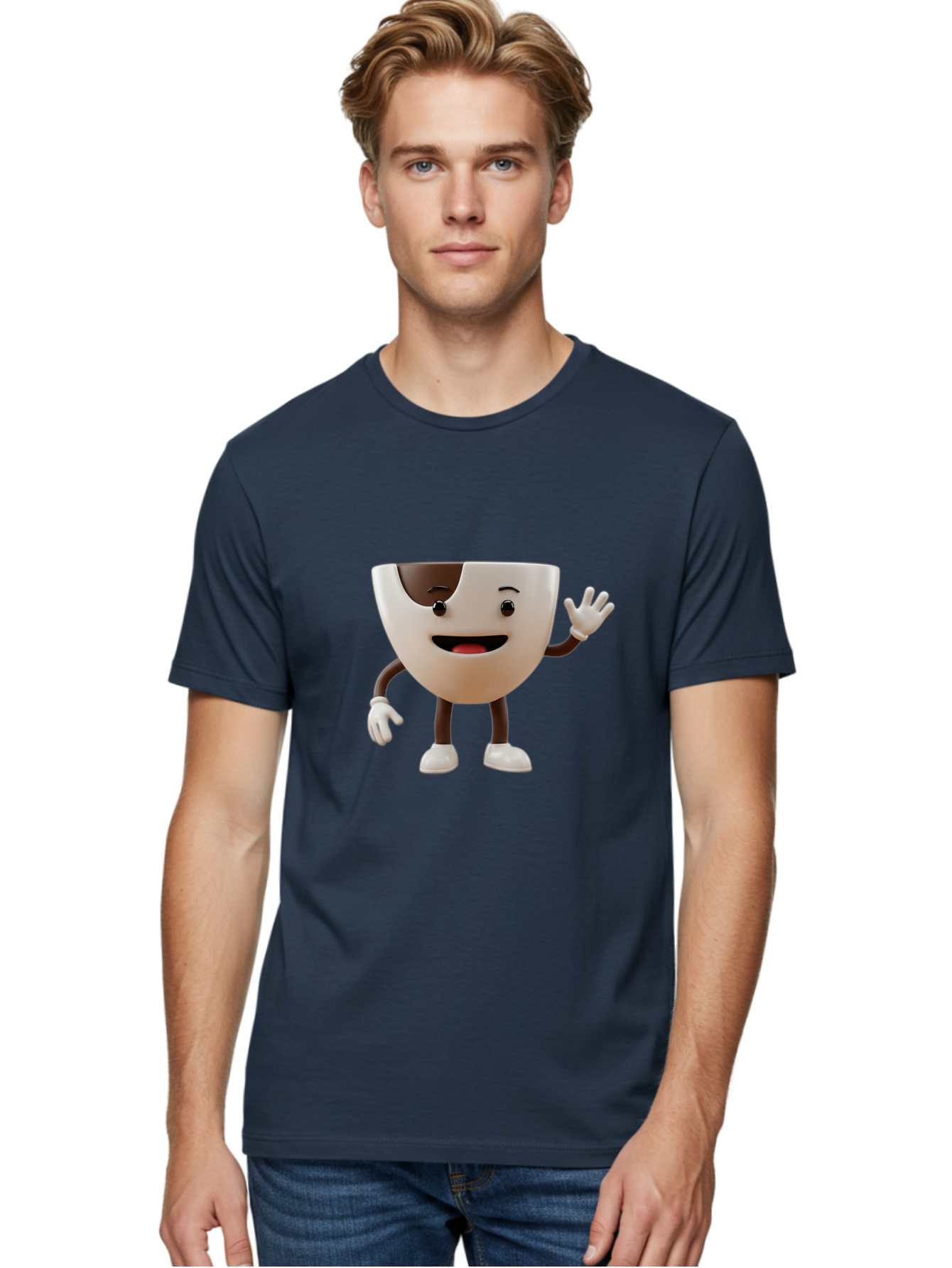 Coffee-Cup-Character-2 Men'S Graphic Tee, 100% Cotton, Comfortable Casual Summer Wear, Machine Washable, Cartoon Coffee Cup, Cute Character, Smiling Face, Waving Hand, Coffee Lover, Animated Mascot, Fun Design, Playful Illustration, Baa361 26