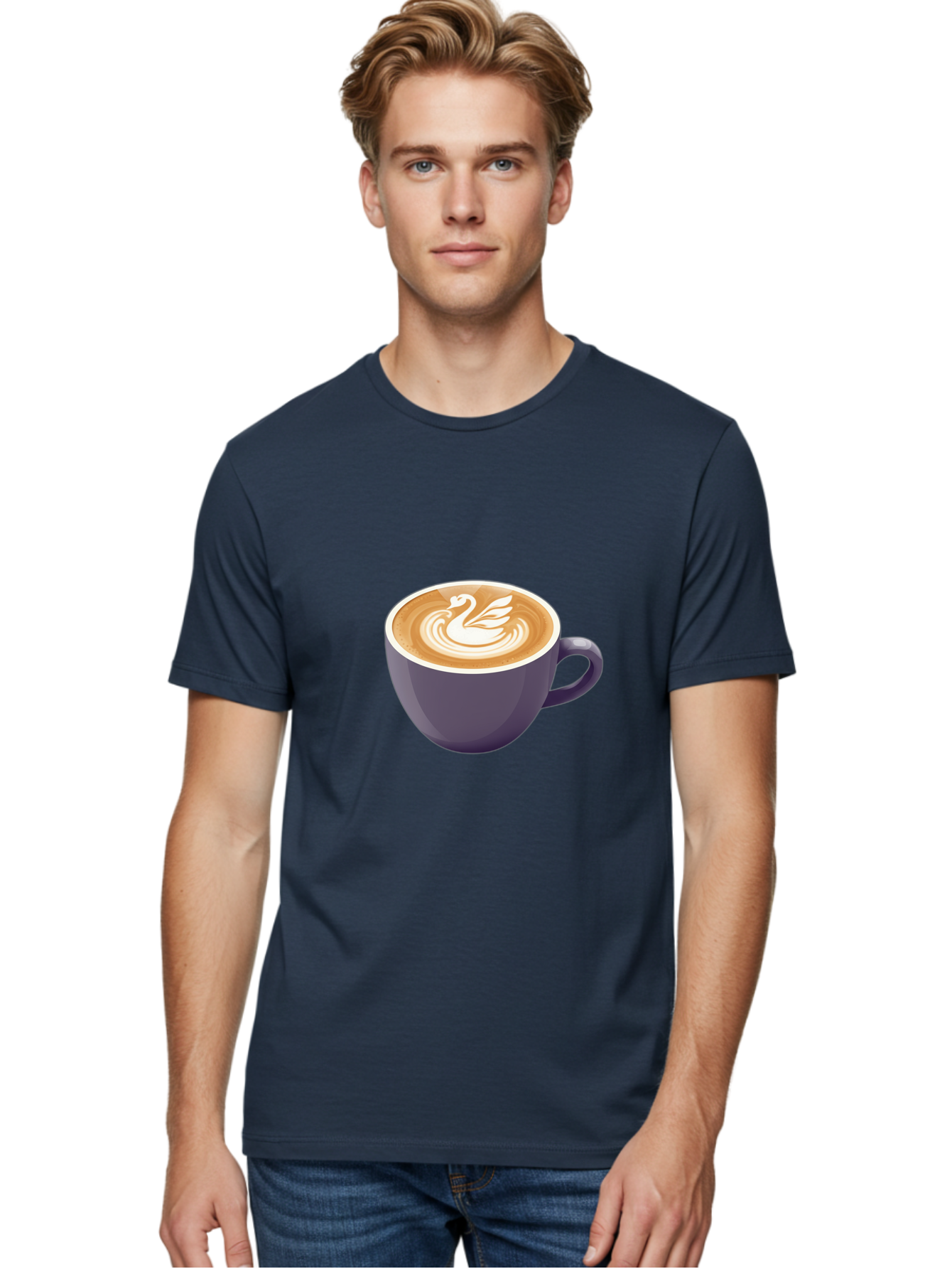 Coffee-Cup-With-Swan Men'S Graphic Tee, 100% Cotton, Comfortable Casual Summer Wear, Machine Washable, Coffee Cup, Cappuccino, Latte Art, Swan Design, Purple Cup, White Foam, Coffee Drink, Cafe Culture, Morning Coffee, Coffee Lover Baa365 20