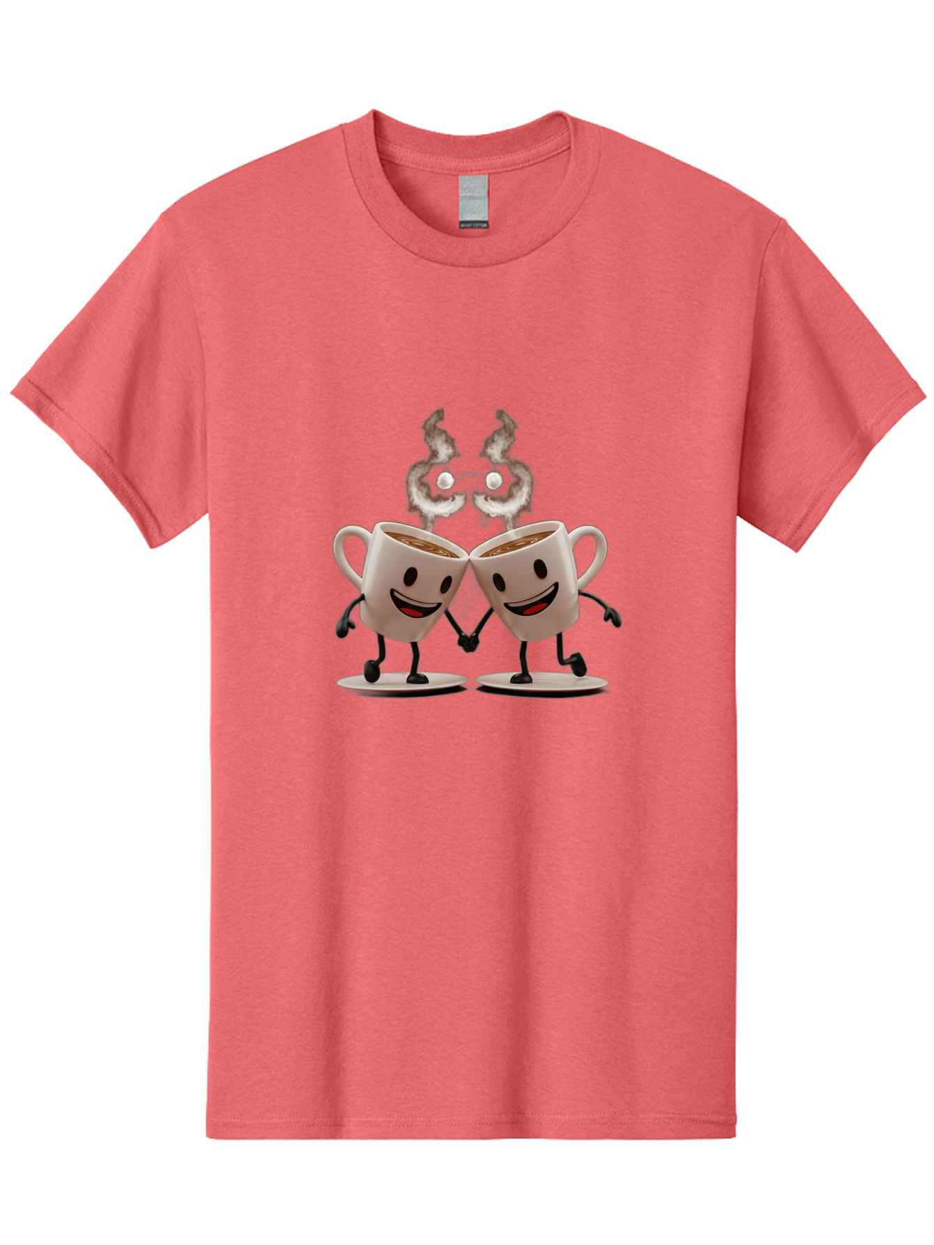 Coffee-Cups-2 Men'S Graphic Tee, 100% Cotton, Comfortable Casual Summer Wear, Machine Washable, Cartoon Coffee Cups Holding Hands, Smiling Faces, Coffee Steam, Adorable Characters, Quirky Illustration, Playful Design, Coffee Lovers, Baa368 9