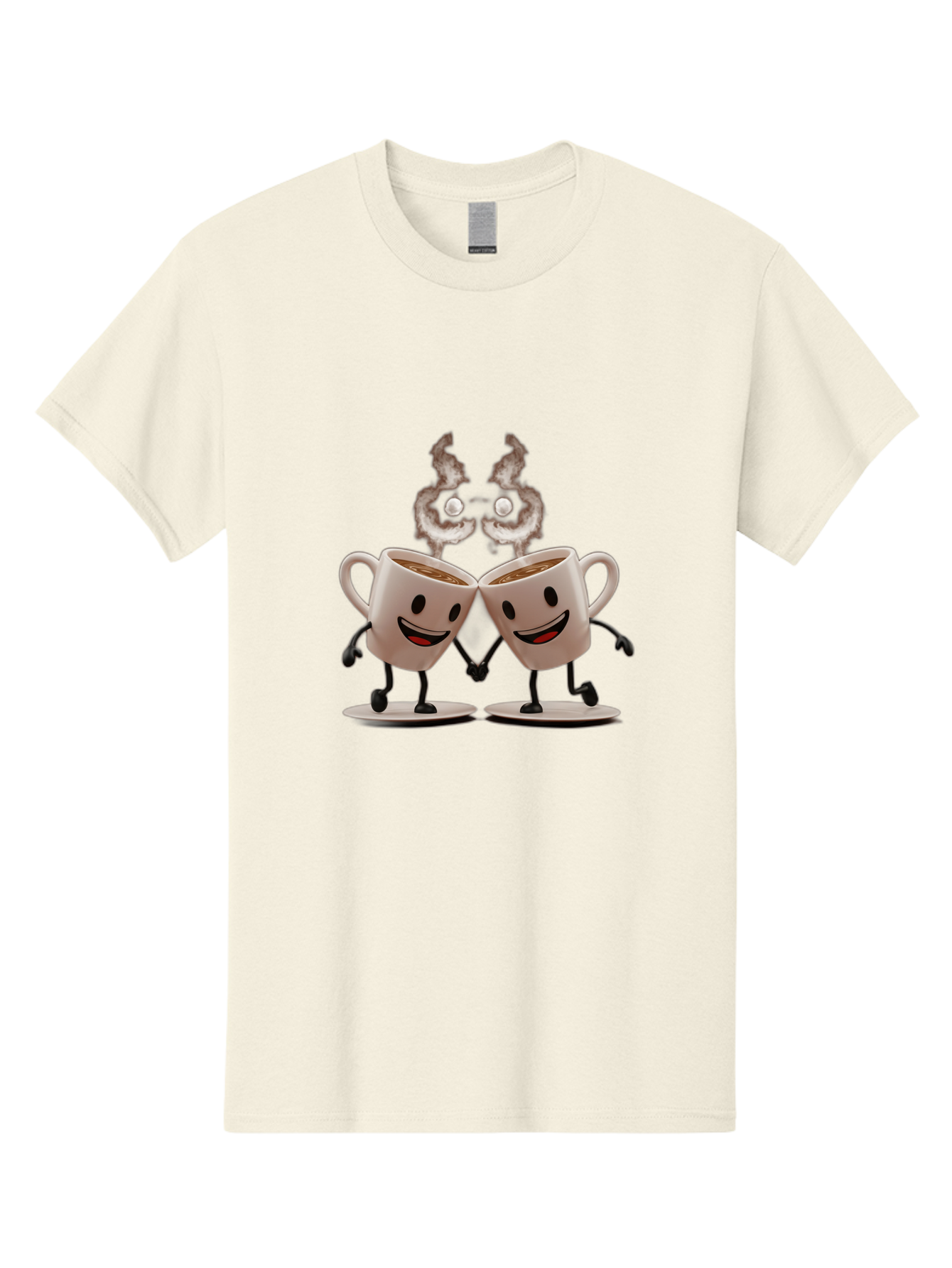 Coffee-Cups-2 Men'S Graphic Tee, 100% Cotton, Comfortable Casual Summer Wear, Machine Washable, Cartoon Coffee Cups Holding Hands, Smiling Faces, Coffee Steam, Adorable Characters, Quirky Illustration, Playful Design, Coffee Lovers, Baa368 15