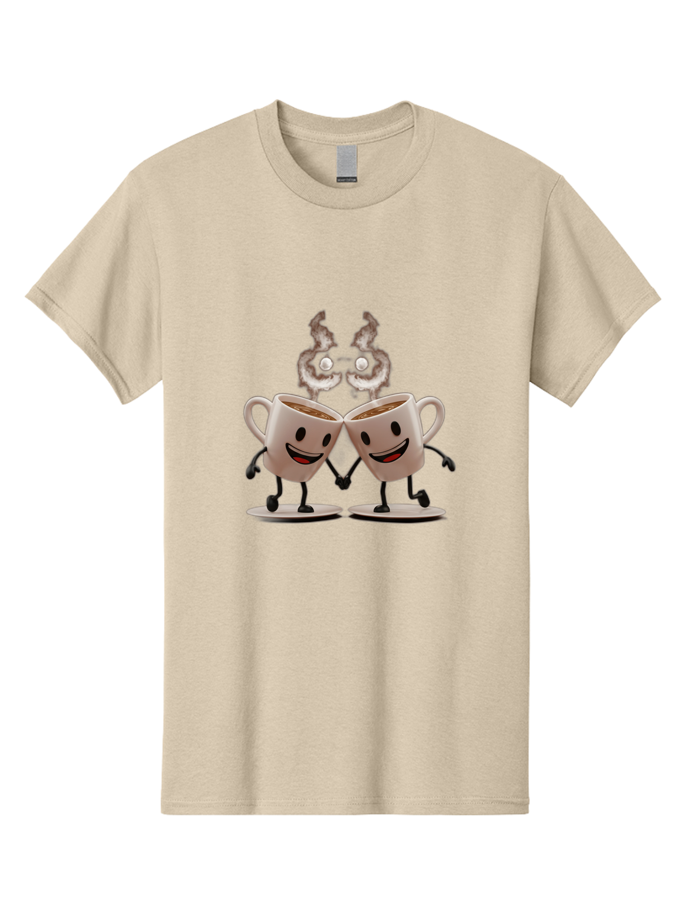 Coffee-Cups-2 Men'S Graphic Tee, 100% Cotton, Comfortable Casual Summer Wear, Machine Washable, Cartoon Coffee Cups Holding Hands, Smiling Faces, Coffee Steam, Adorable Characters, Quirky Illustration, Playful Design, Coffee Lovers, Baa368 3