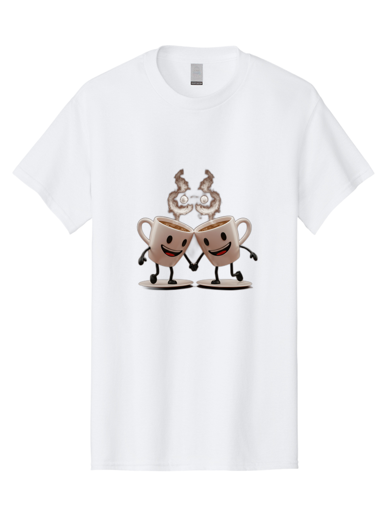 Coffee-Cups-2 Men'S Graphic Tee, 100% Cotton, Comfortable Casual Summer Wear, Machine Washable, Cartoon Coffee Cups Holding Hands, Smiling Faces, Coffee Steam, Adorable Characters, Quirky Illustration, Playful Design, Coffee Lovers, Baa368 17
