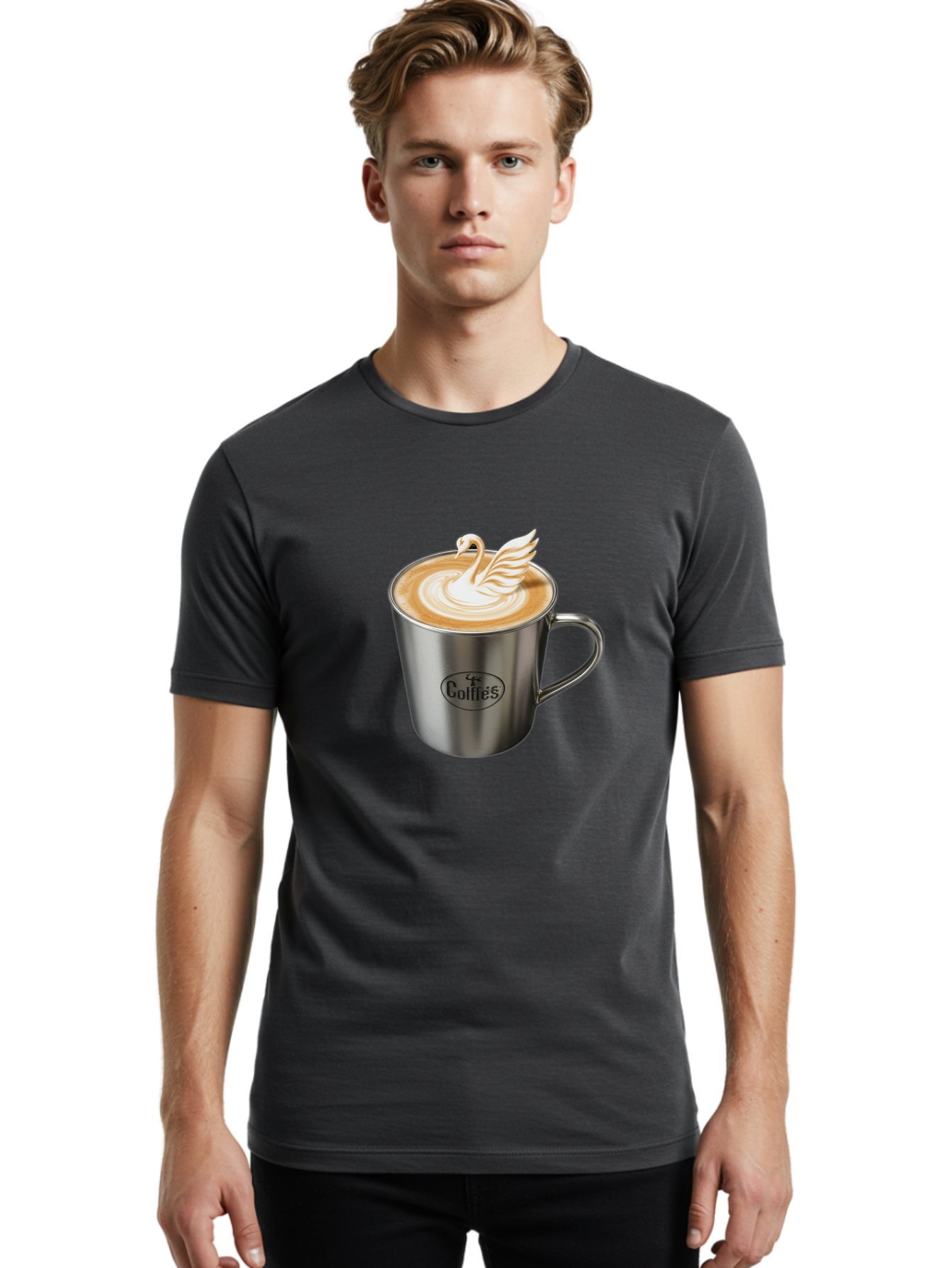 Coffies Men'S Graphic Tee, 100% Cotton, Comfortable Casual Summer Wear, Machine Washable, Coffee, Latte Art, Swan Design, Foamy Texture, Cappuccino, Beverage, Coffee Mug, Stainless Steel Mug, Coffies Branding, Coffee Culture Baa382 28