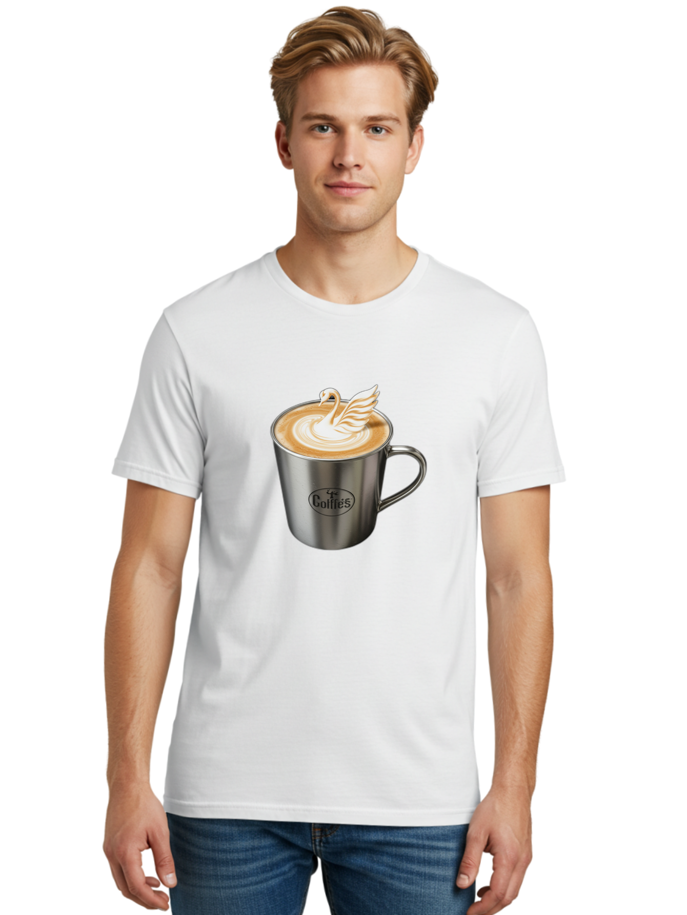 Coffies Men'S Graphic Tee, 100% Cotton, Comfortable Casual Summer Wear, Machine Washable, Coffee, Latte Art, Swan Design, Foamy Texture, Cappuccino, Beverage, Coffee Mug, Stainless Steel Mug, Coffies Branding, Coffee Culture Baa382 14