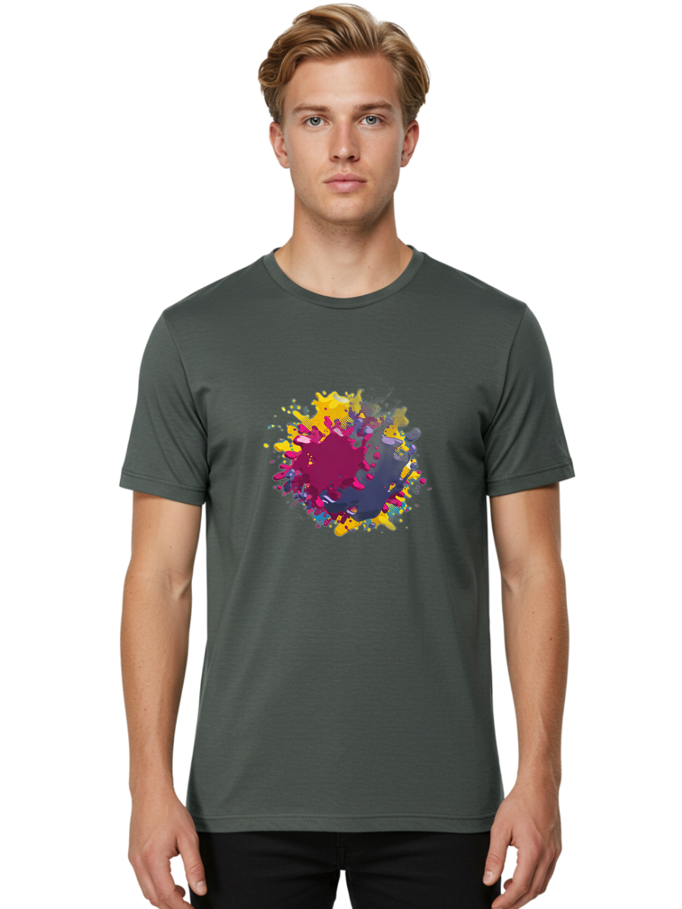 Color-Splash Men'S Graphic Tee, 100% Cotton, Comfortable Casual Summer Wear, Machine Washable, Colorful Paint Splatter, Vibrant Colors, Abstract Art, Dynamic Shapes, Creative Design, Artistic Expression, Splattered Paint, Mixed Media Art Baa384 20