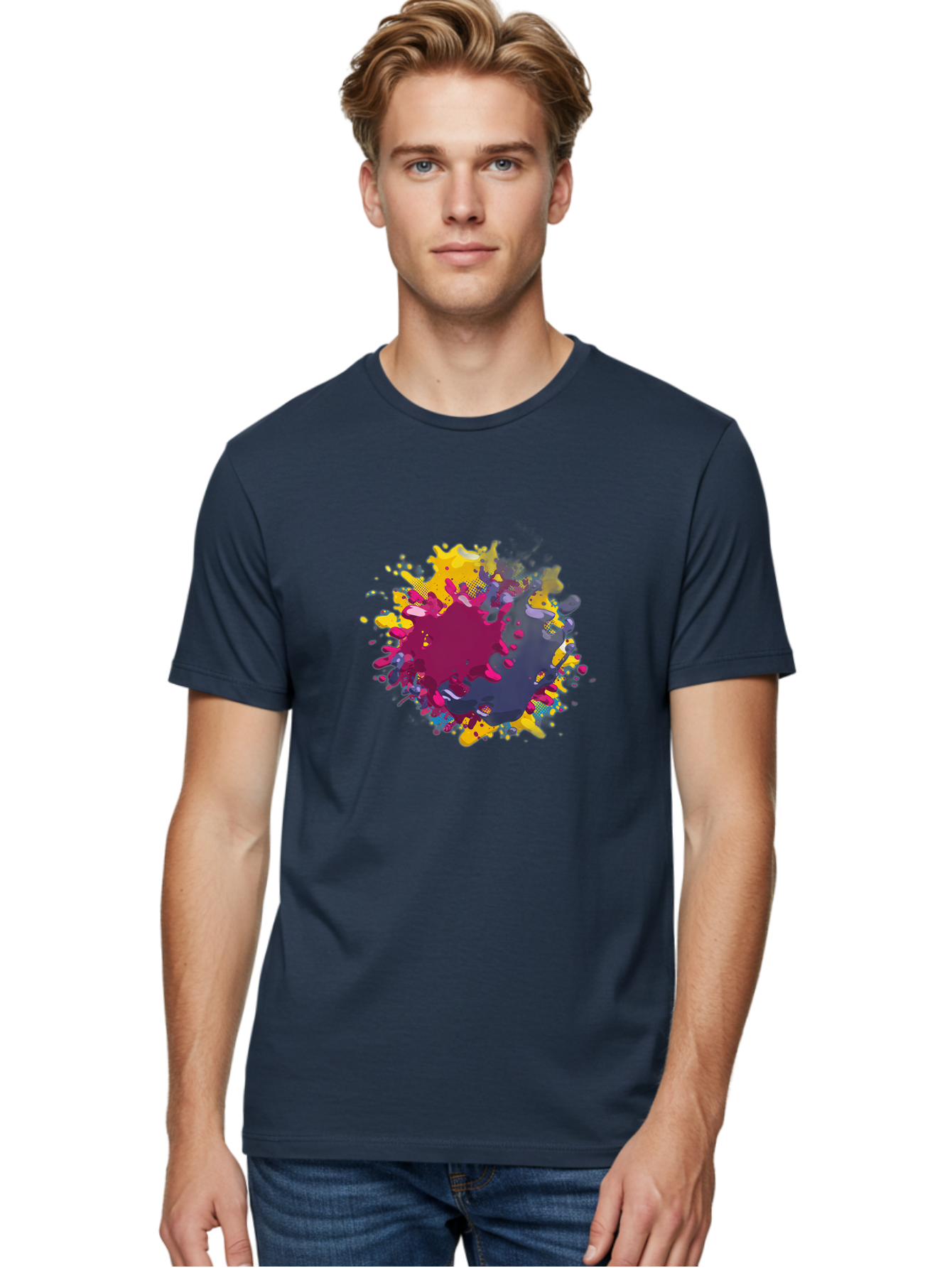 Color-Splash Men'S Graphic Tee, 100% Cotton, Comfortable Casual Summer Wear, Machine Washable, Colorful Paint Splatter, Vibrant Colors, Abstract Art, Dynamic Shapes, Creative Design, Artistic Expression, Splattered Paint, Mixed Media Art Baa384 2
