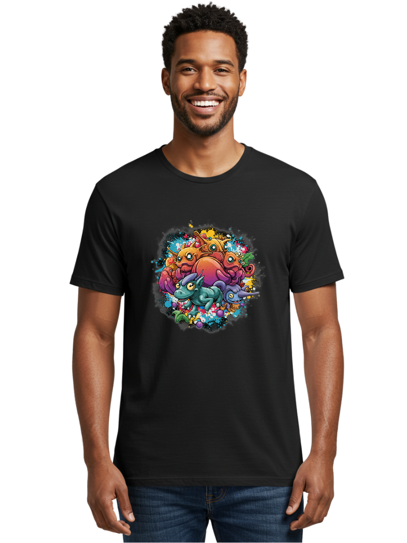 Colorful-Creatures Men'S Graphic Tee, 100% Cotton, Comfortable Casual Summer Wear, Machine Washable, Fantasy Creatures, Cartoon Characters, Colorful Illustration, Whimsical Creatures, Playful Design, Imaginative Art, Vibrant Colors, Baa385 20