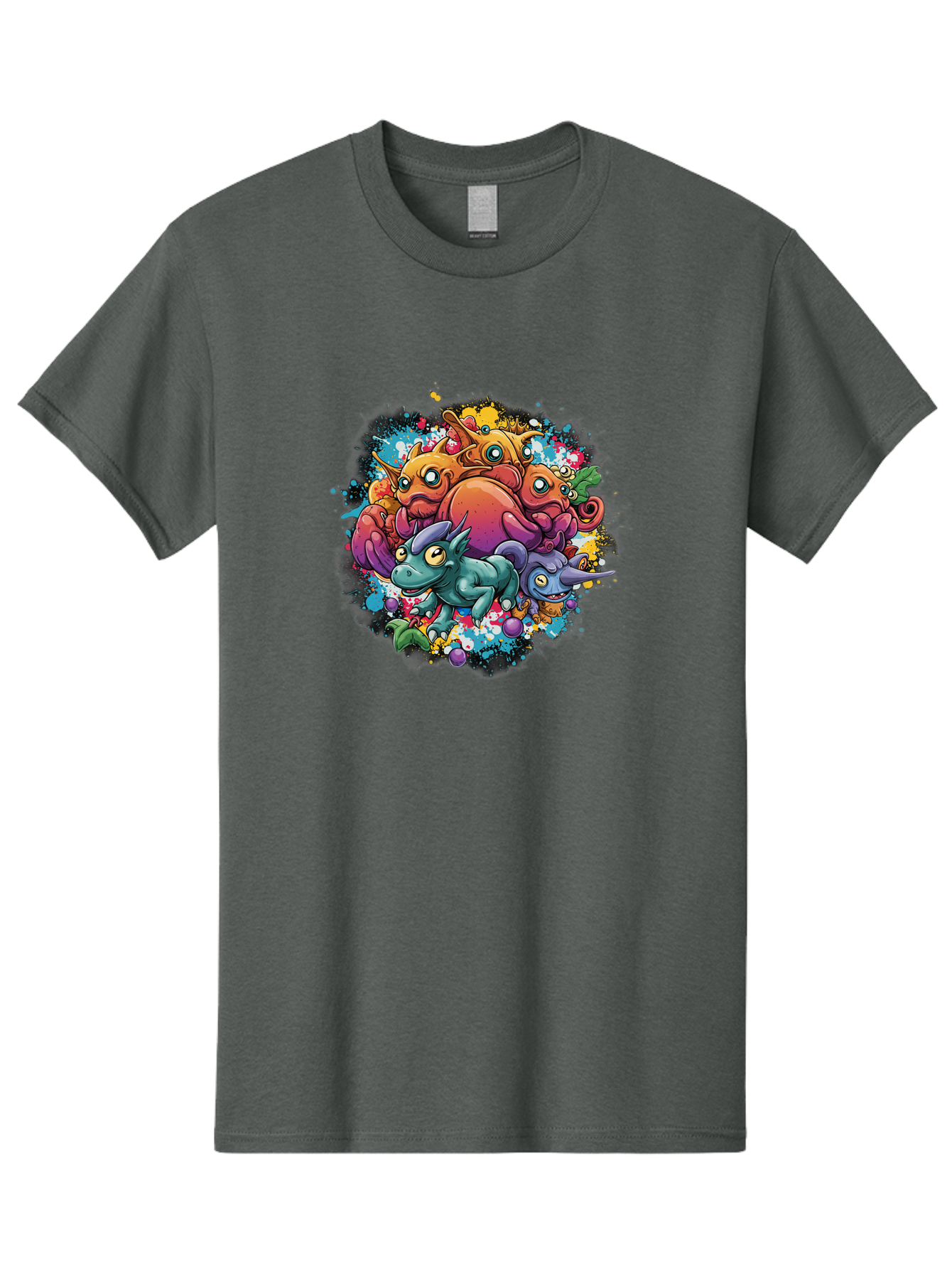 Colorful-Creatures Men'S Graphic Tee, 100% Cotton, Comfortable Casual Summer Wear, Machine Washable, Fantasy Creatures, Cartoon Characters, Colorful Illustration, Whimsical Creatures, Playful Design, Imaginative Art, Vibrant Colors, Baa385 27