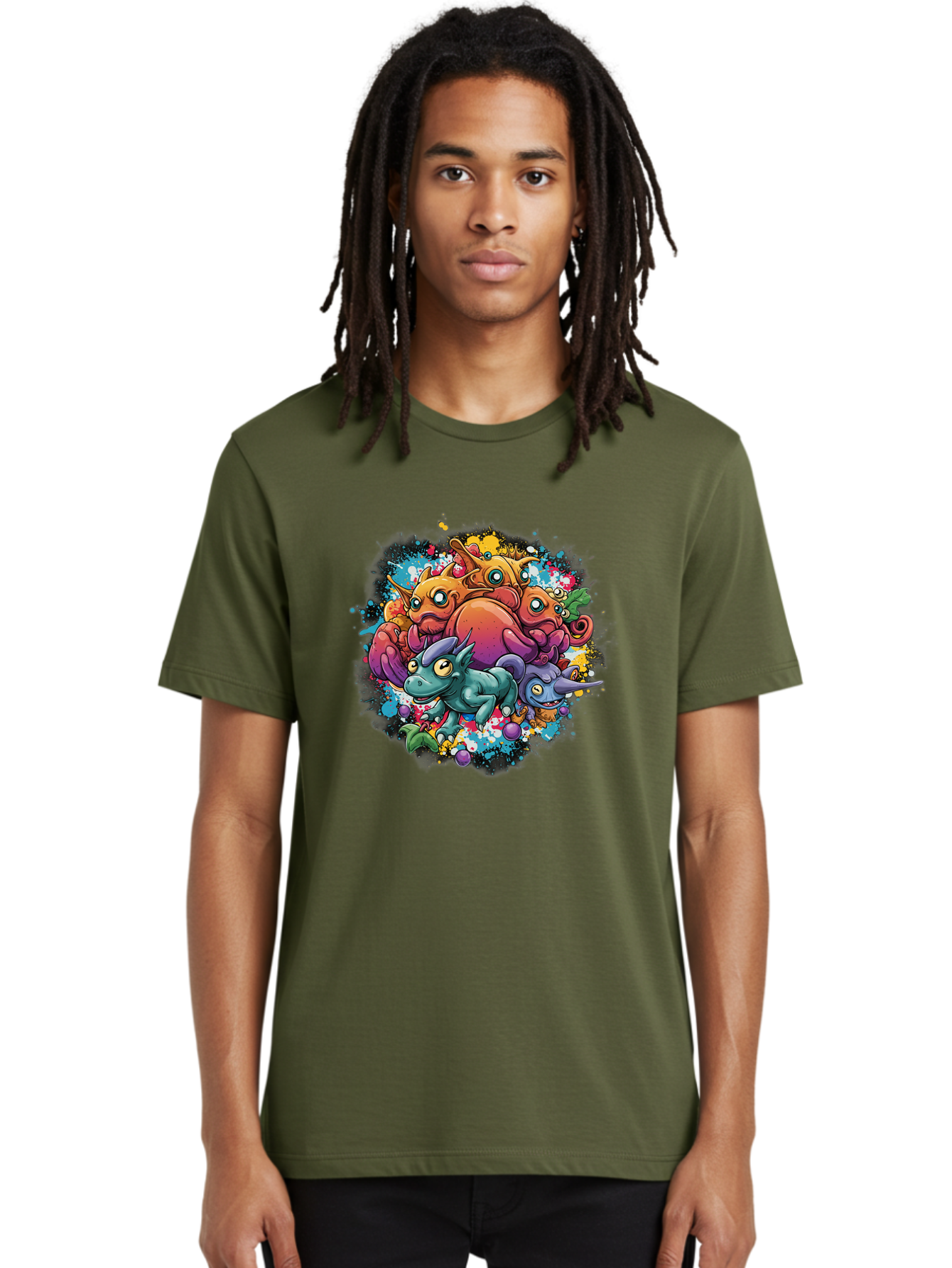 Colorful-Creatures Men'S Graphic Tee, 100% Cotton, Comfortable Casual Summer Wear, Machine Washable, Fantasy Creatures, Cartoon Characters, Colorful Illustration, Whimsical Creatures, Playful Design, Imaginative Art, Vibrant Colors, Baa385 6